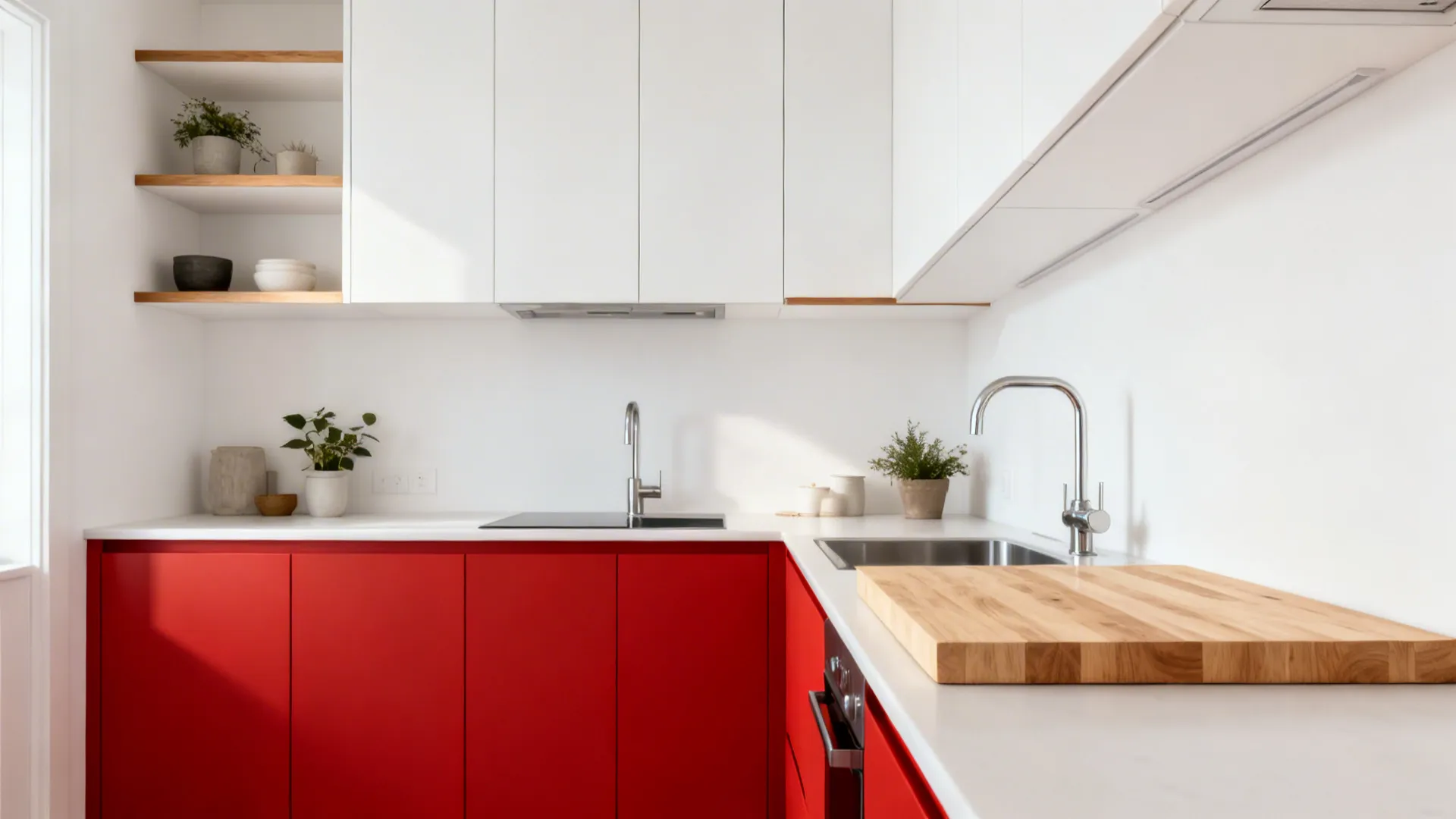 Red and white kitchen softened by oak-trim shelves and a light ash butcher-block insert.