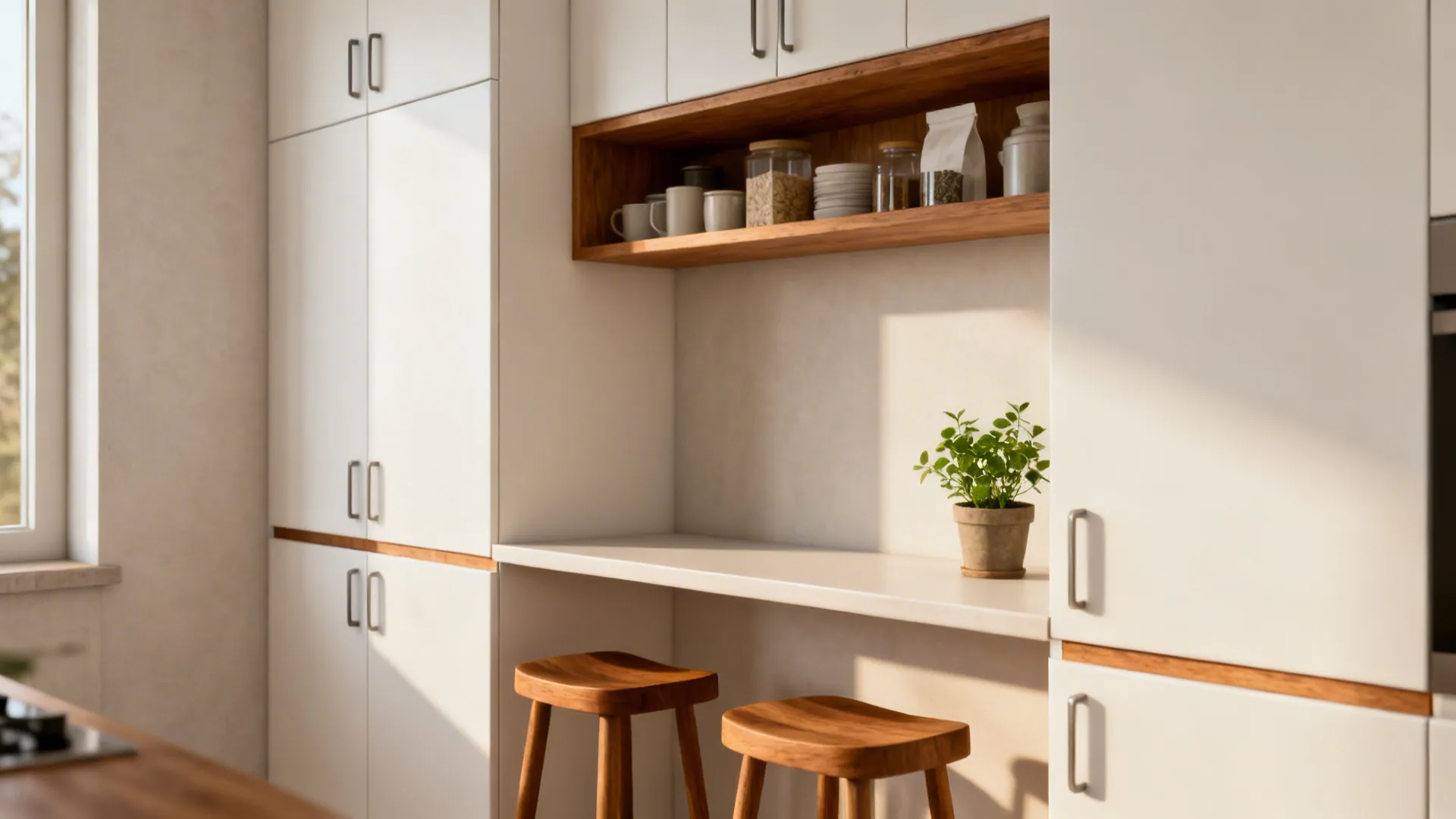 Bright white kitchen with a single oak shelf, oak stools, and subtle oak edge details.