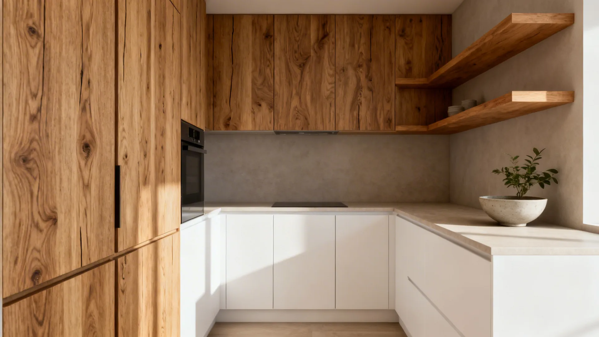 Small kitchen with rift-cut oak accents and matte white cabinets in soft daylight.
