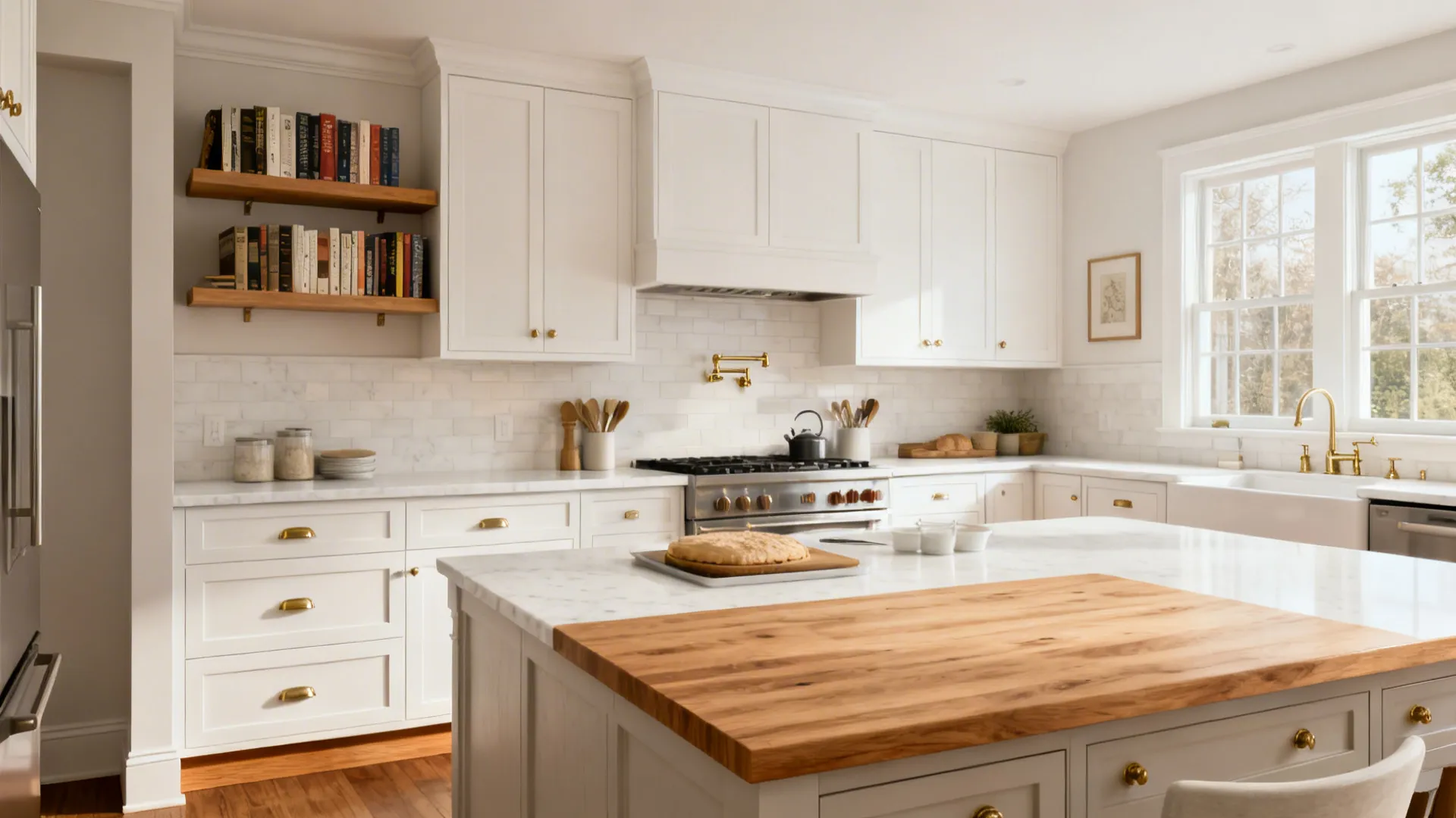 White kitchen with white oak shelves, matching toe-kick, and a wood-topped baking station.