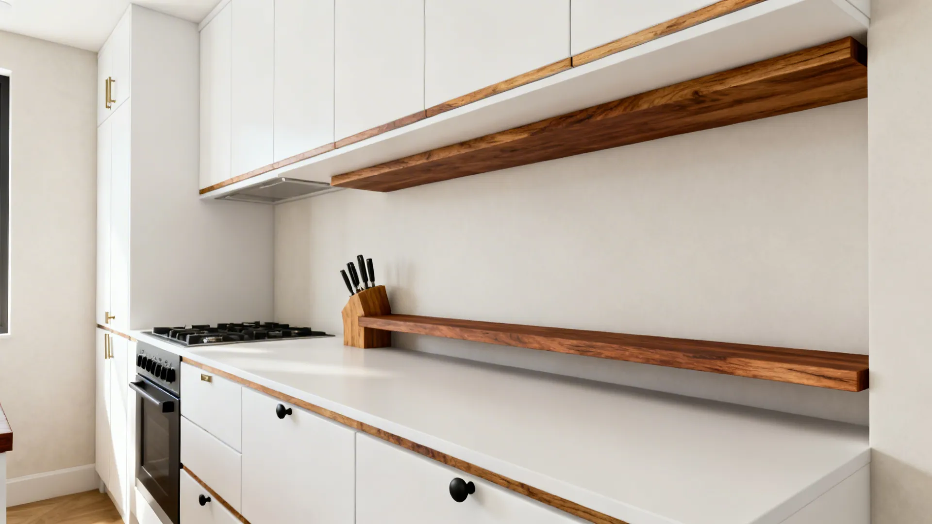 Bright white micro-kitchen with oak edge-banding and a slim walnut shelf adding warmth.