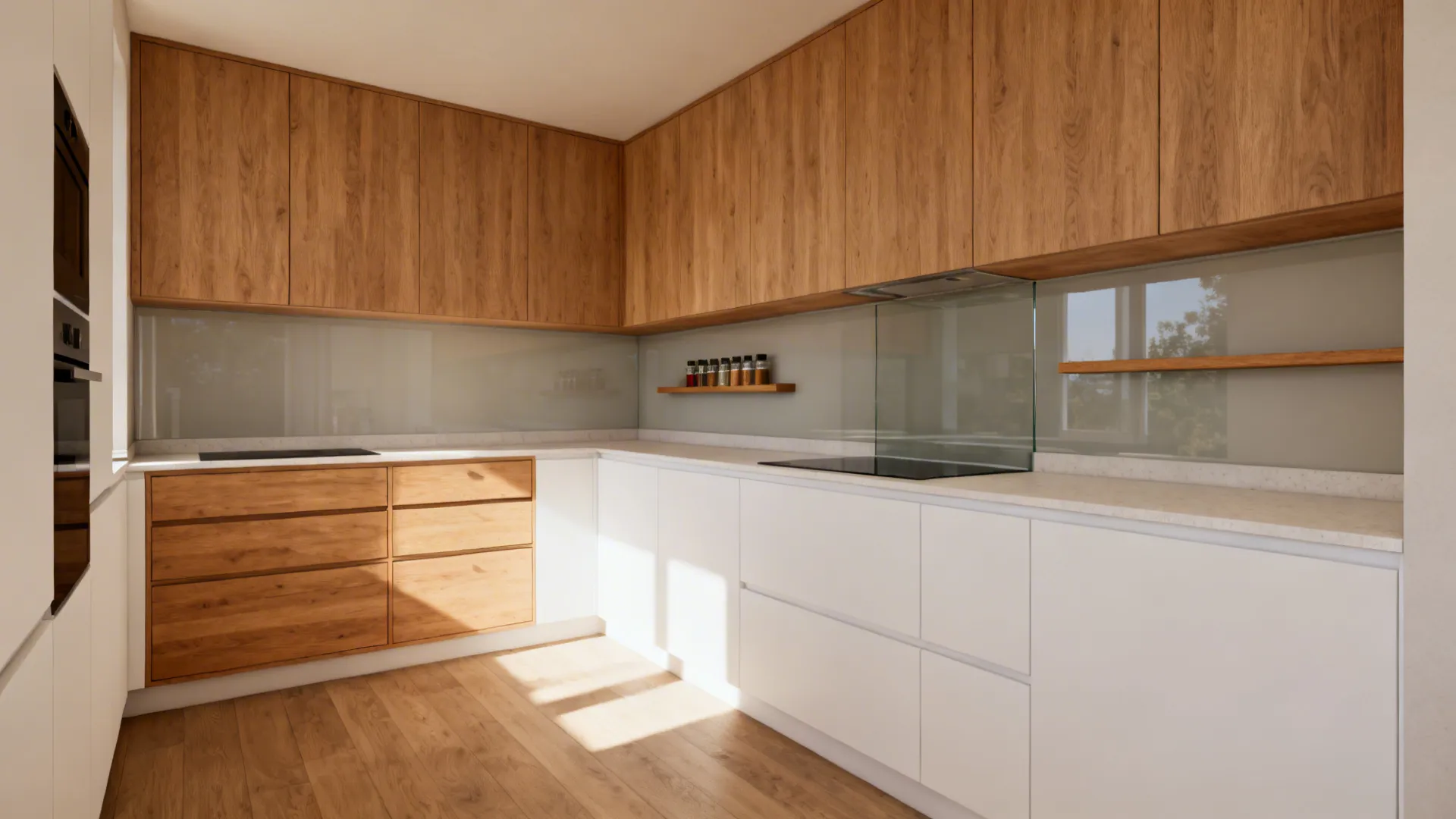 L-shaped kitchen with matte white units and oak-veneer accents on the short leg under soft daylight.