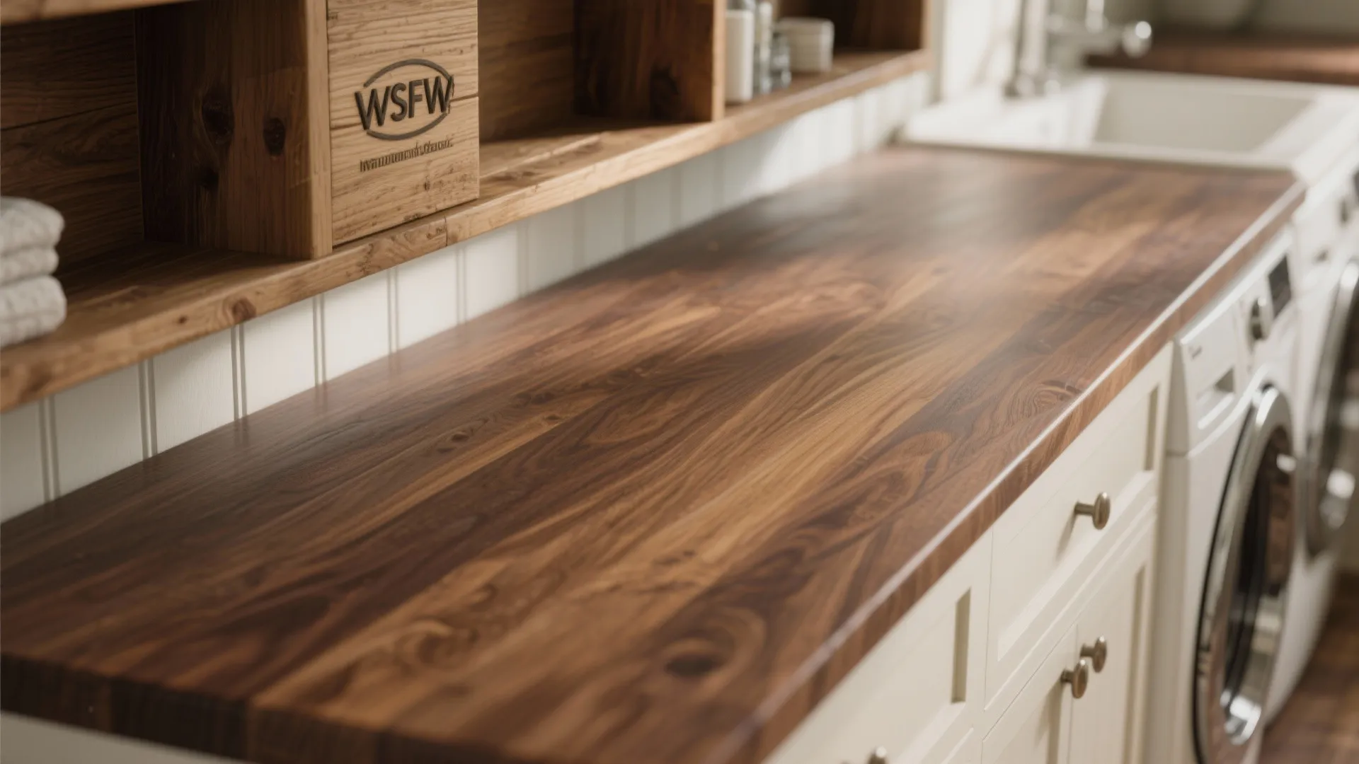 Close up of a dark wood counter top in a laundry room with white cabinets