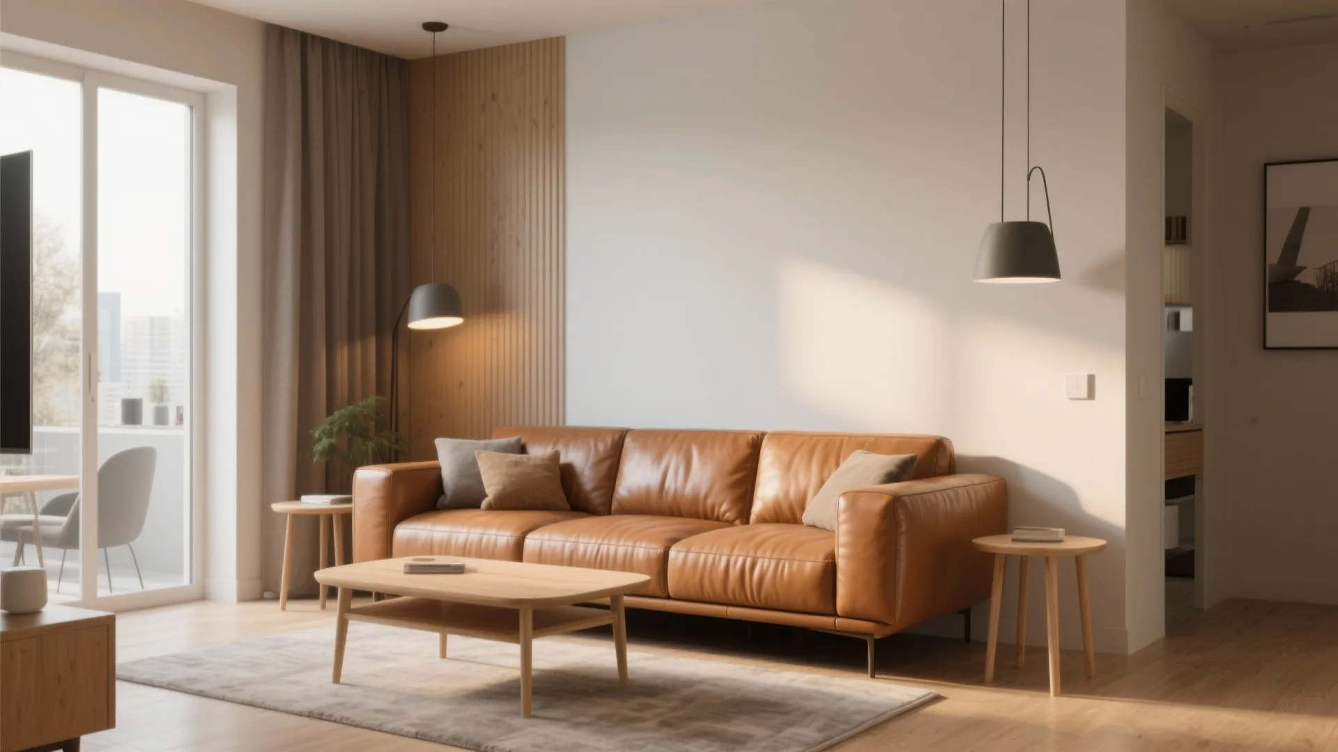 Caramel leather sofa with light wood side tables in modern apartment