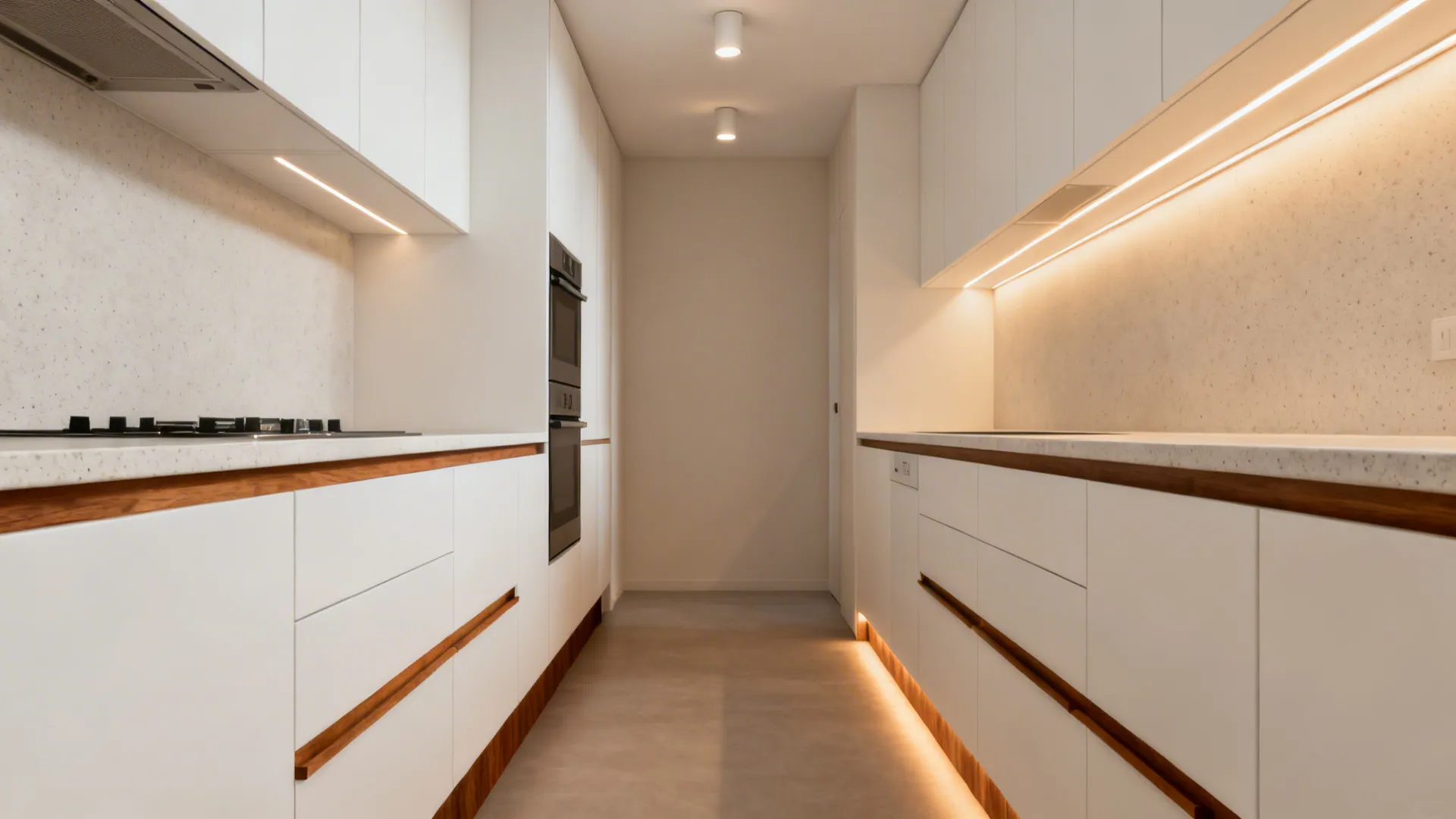 White and wood 14x6 kitchen with layered warm lighting and a subtle toe-kick glow.