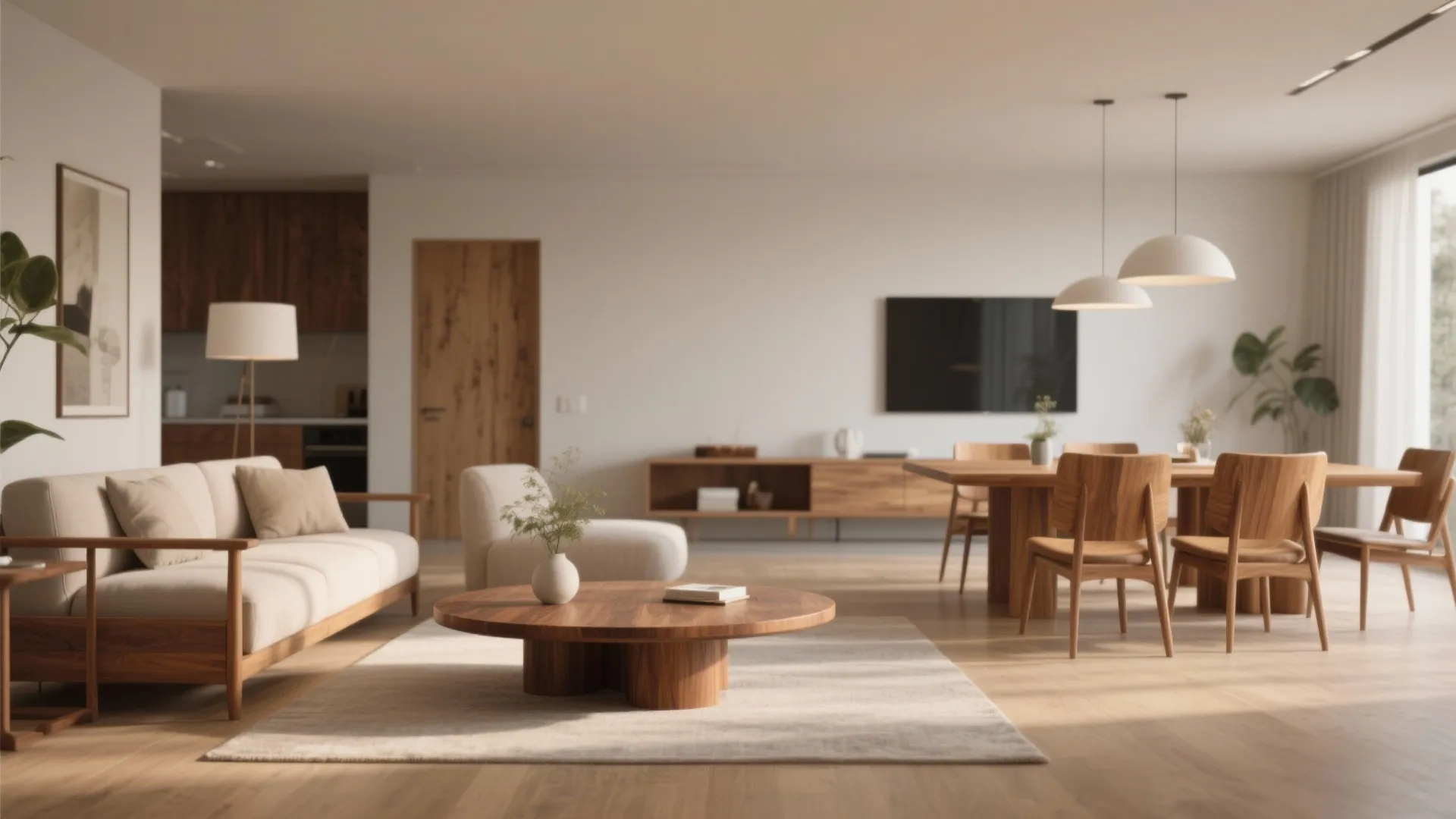 Modern open living area with wooden coffee table beige sofa and white round ceiling light