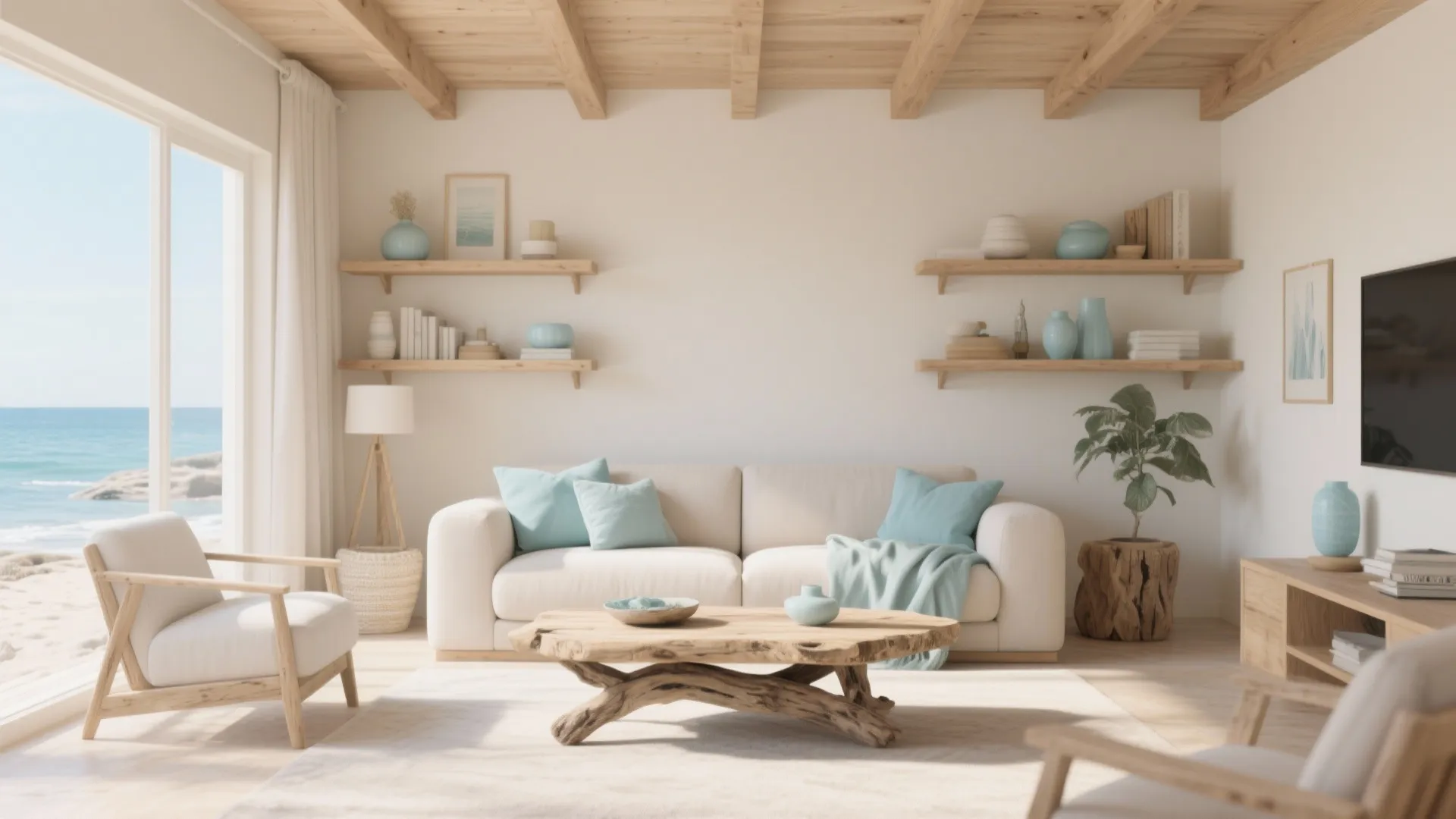 Living room with wooden ceiling beams white sofa blue pillows shelves and a scenic ocean view