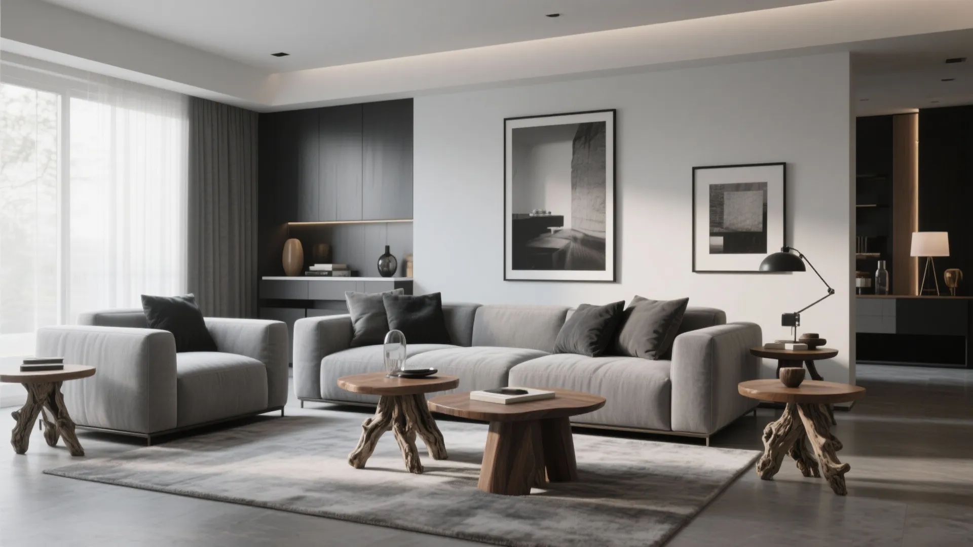 Grey monochrome living room with warm wood side table and frames