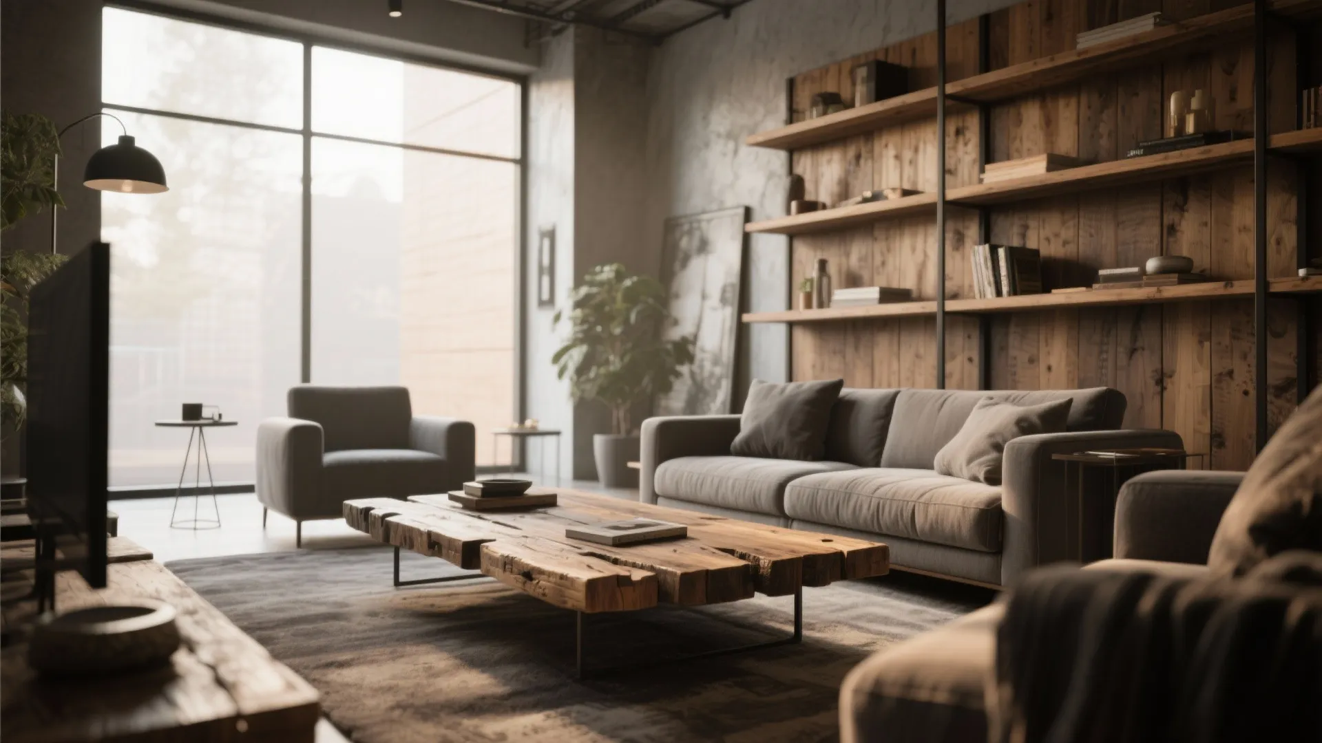 Living room with wooden wall shelves rustic wood coffee table grey sofa and large bright window