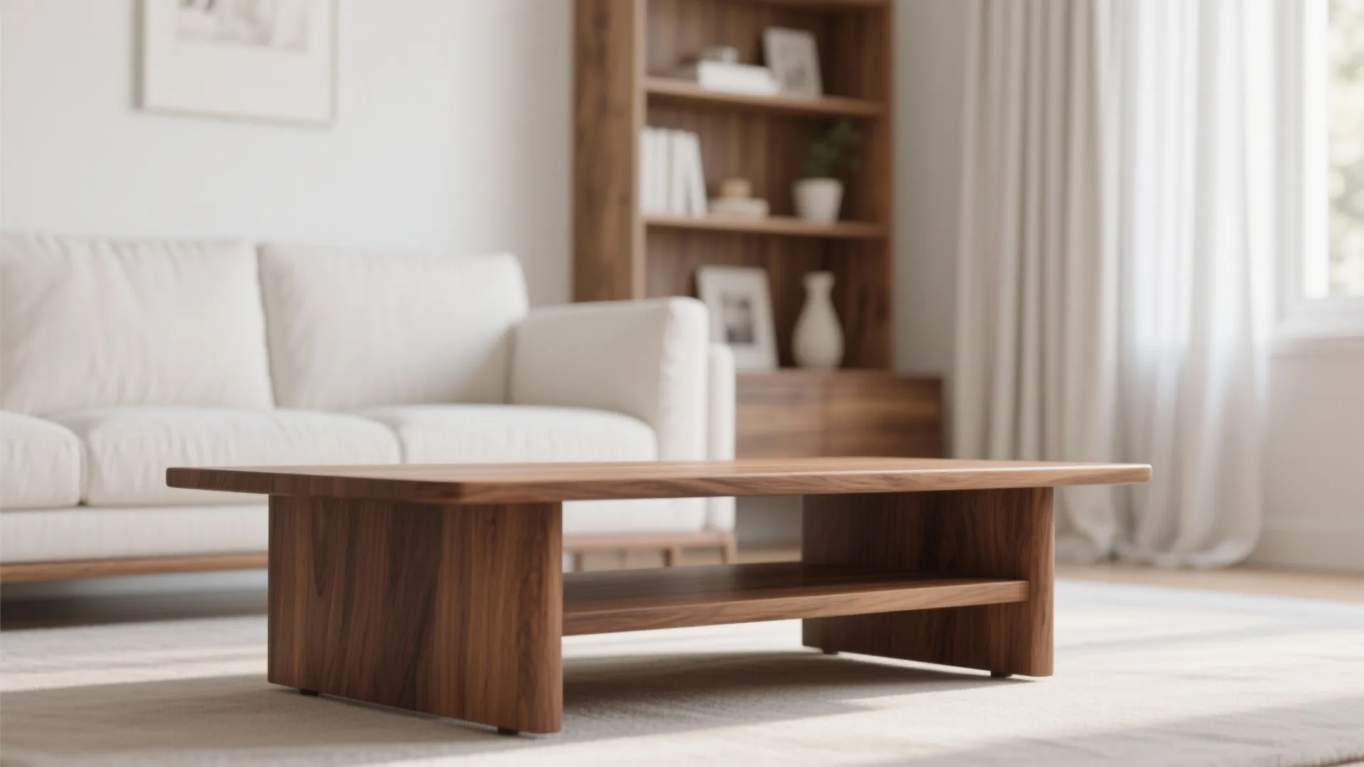 Low wooden coffee table on light rug with white sofa and wooden bookshelf in background view