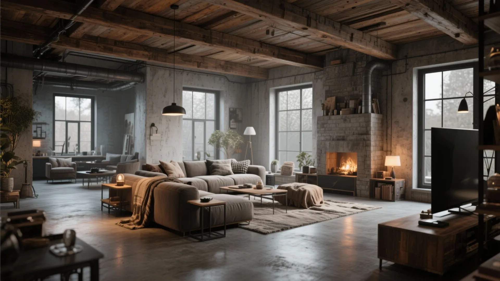 Industrial living room with exposed wood beams concrete walls brick fireplace and grey corner sofa