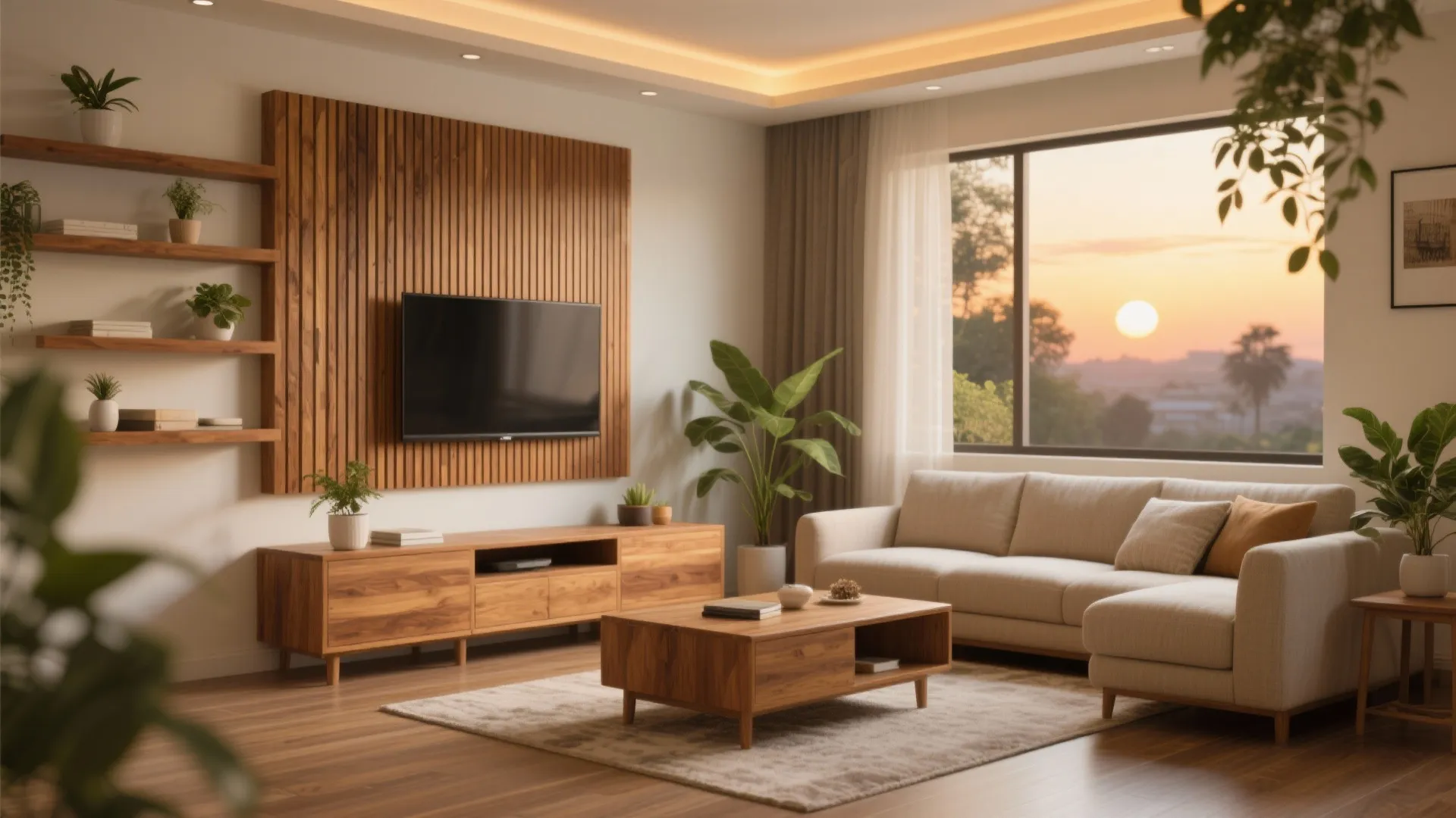 Cozy living room with wood slat wall, teak-tone shelves, and wood-look SPC flooring
