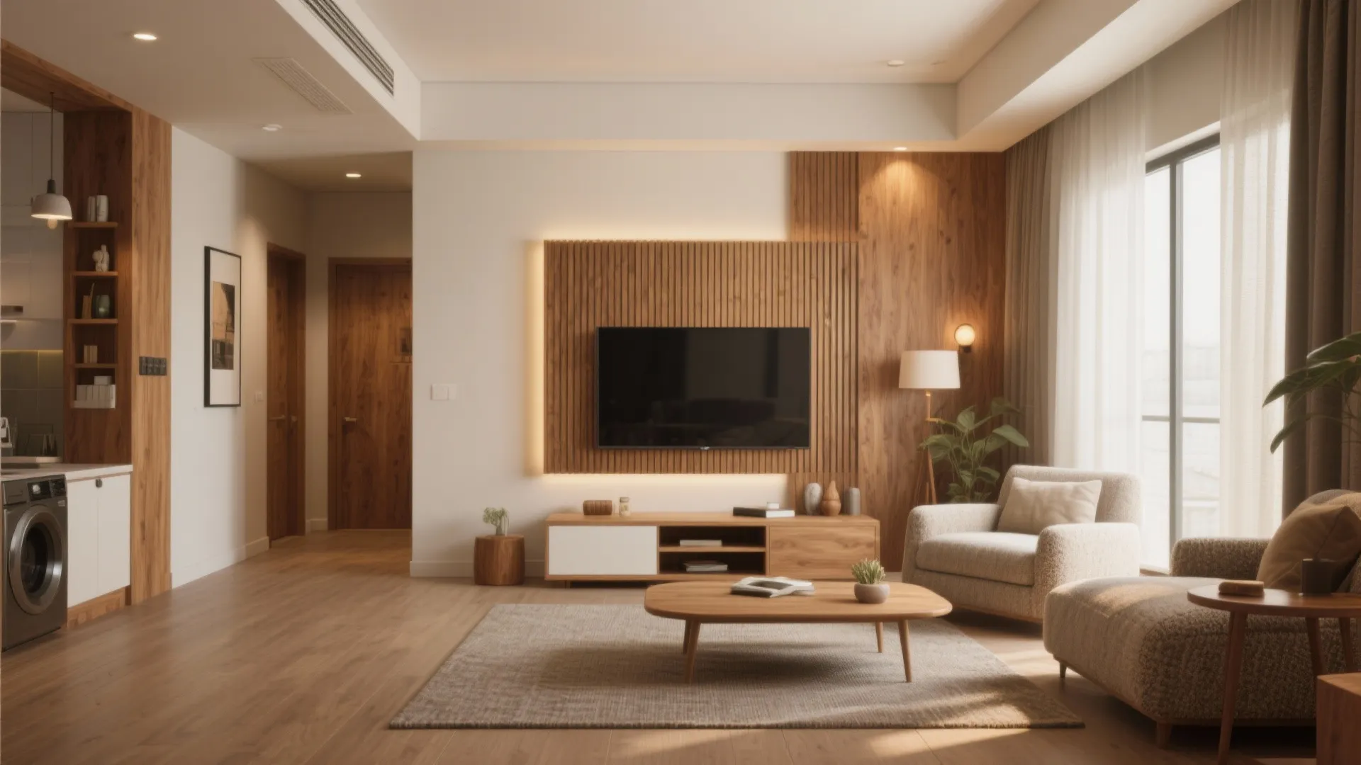 Modern living room with wood wall panel and television over a wooden cabinet and grey rug