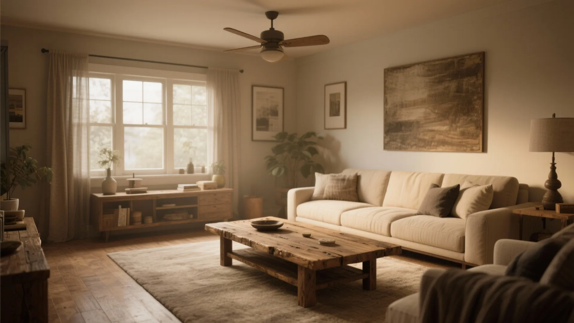 Cozy living room with cream sofa rustic wood coffee table ceiling fan and large bright windows