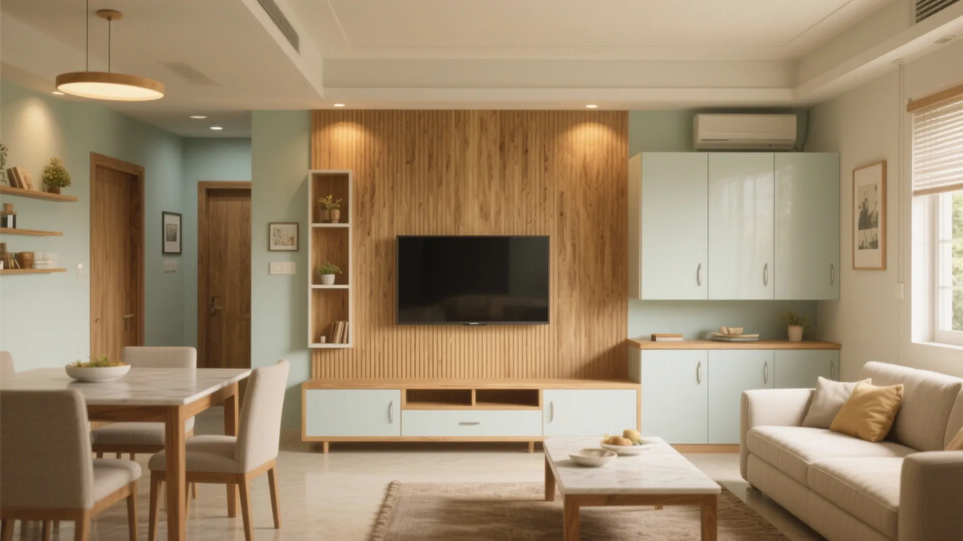 Wood accents to warm up the dining and living zone