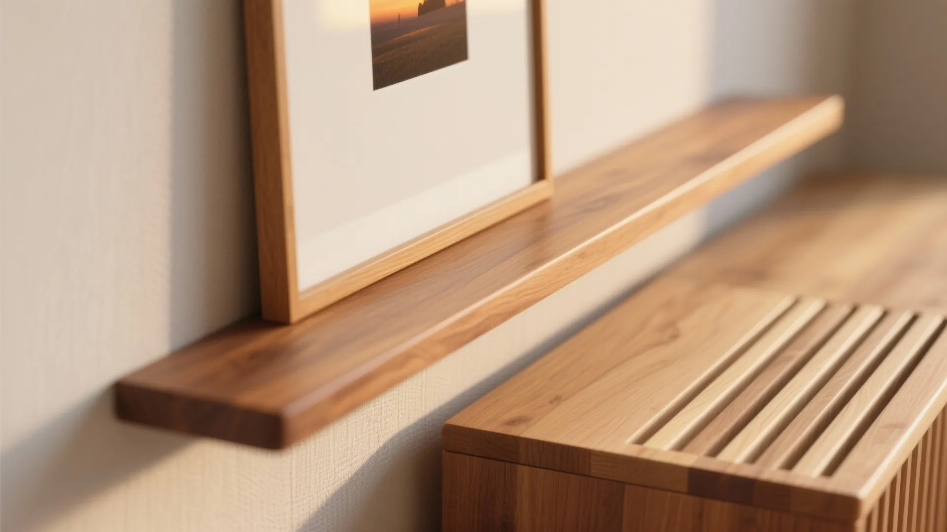 Close up view of wooden shelf with framed picture and light wood cabinet in light