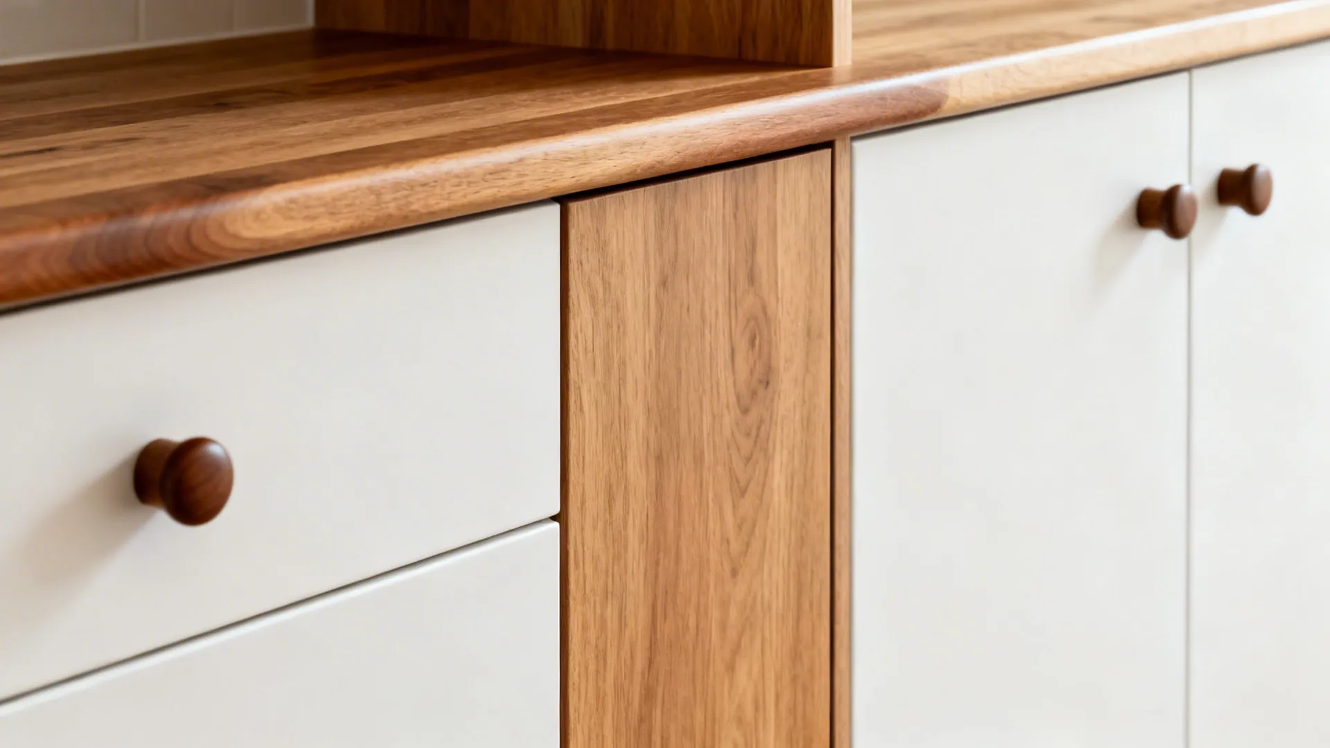 Close up of white kitchen cabinet doors with round wood handles and natural wood table top