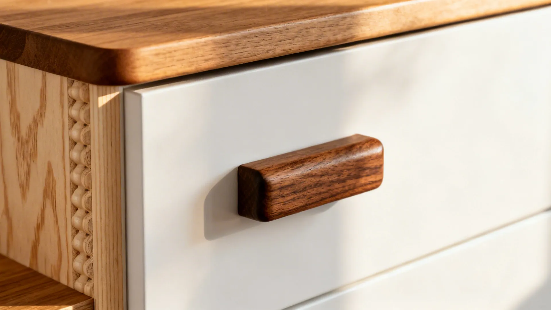 Close-up of walnut pull on matte white cabinet with beaded birch door and oak shelf edge.