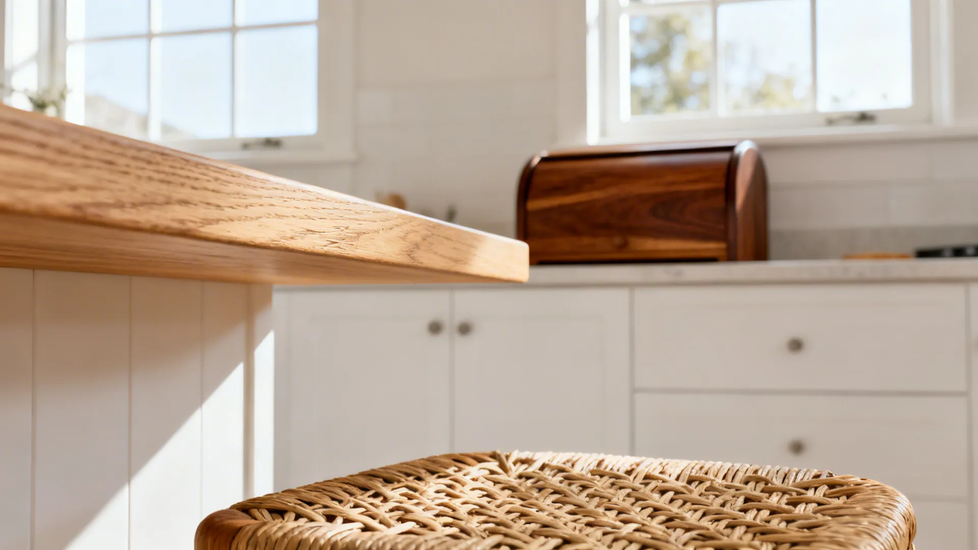 Macro of light oak shelf edge, rattan stool, and walnut bread box adding warmth in a bright kitchen.