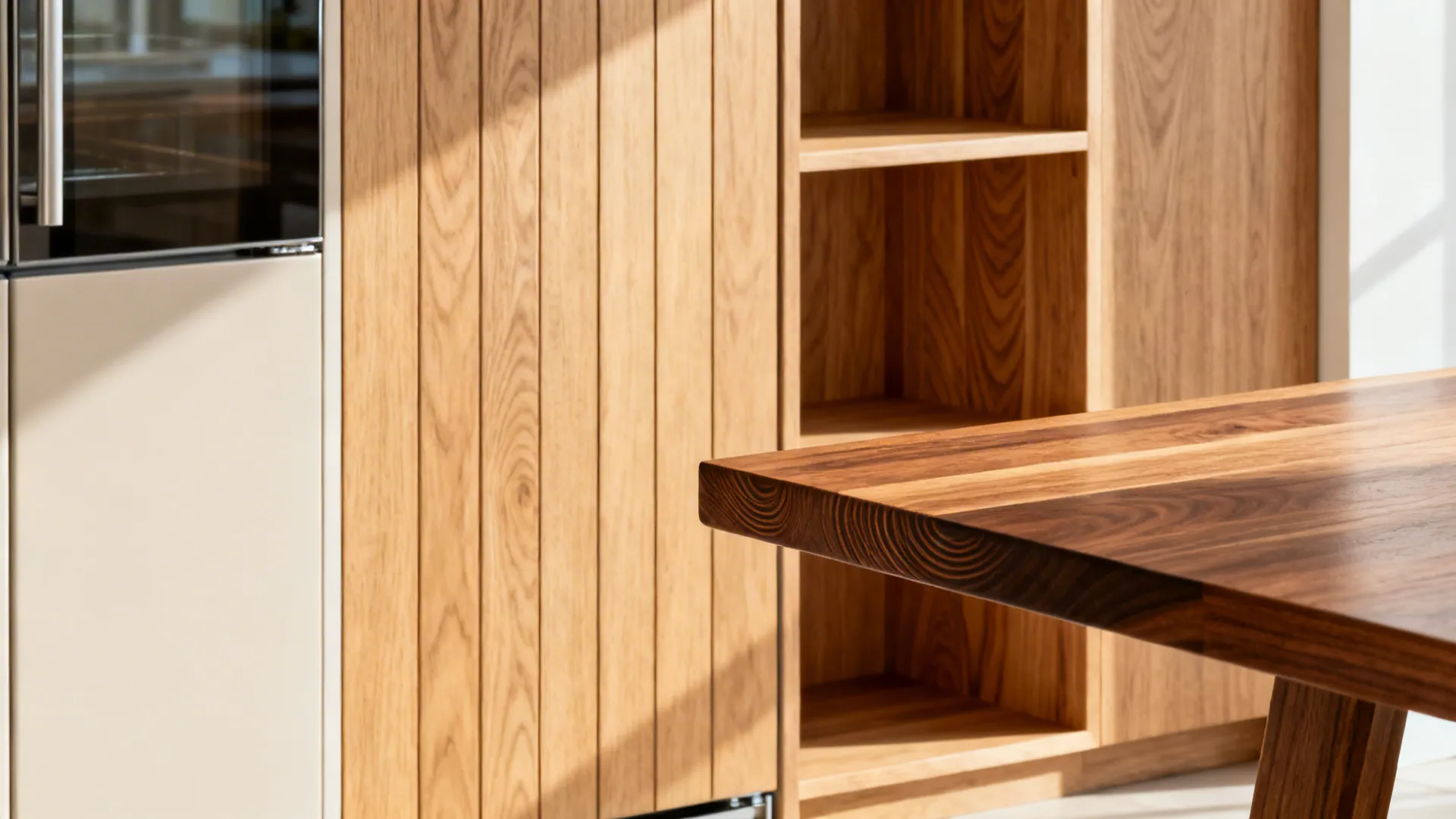 Close-up of rift oak panel, walnut tabletop edge, and slim wood shelf in a modern kitchen.
