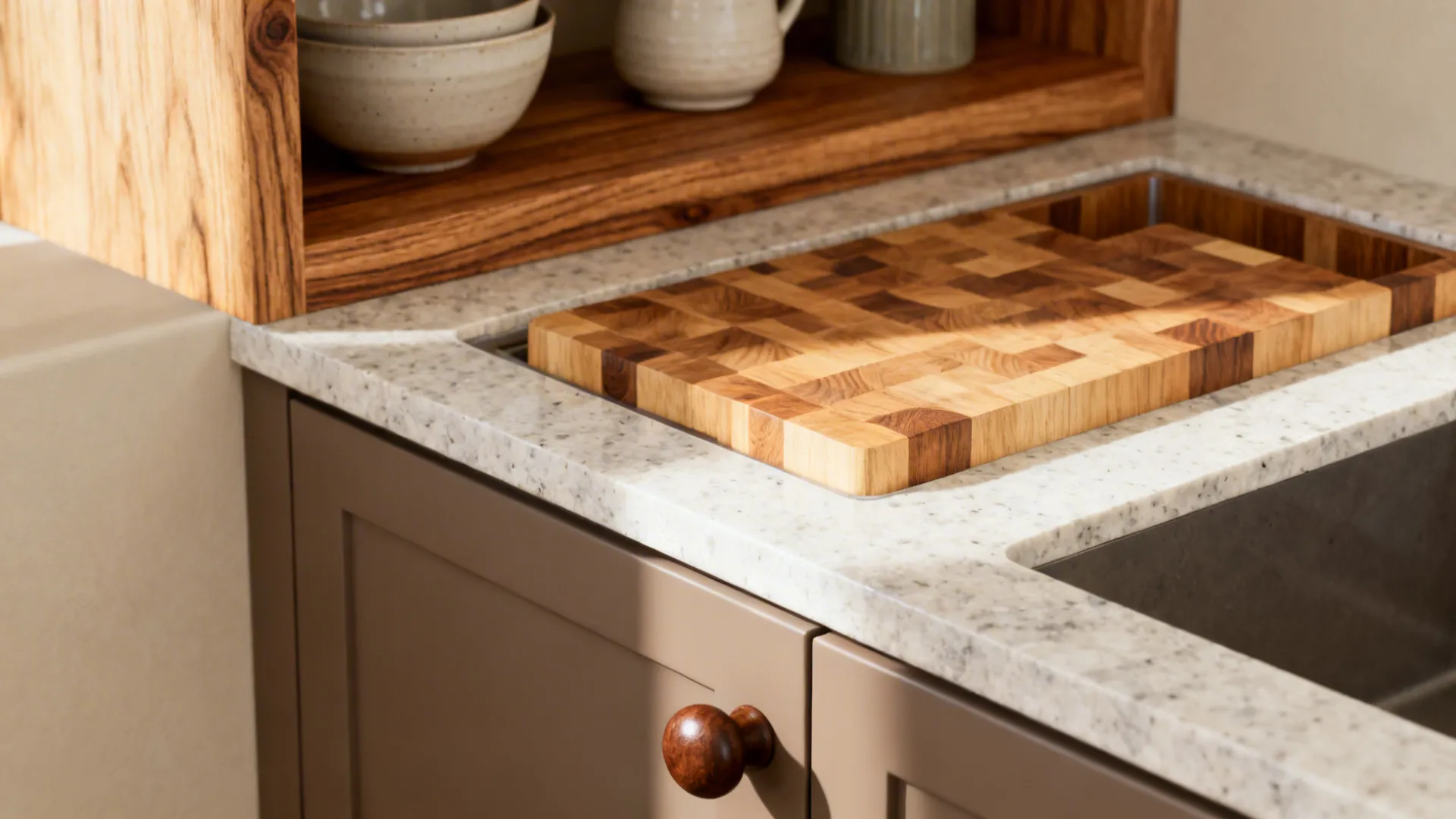 Macro of oak shelf grain, walnut handle, and a butcher-block insert in a small kitchen.