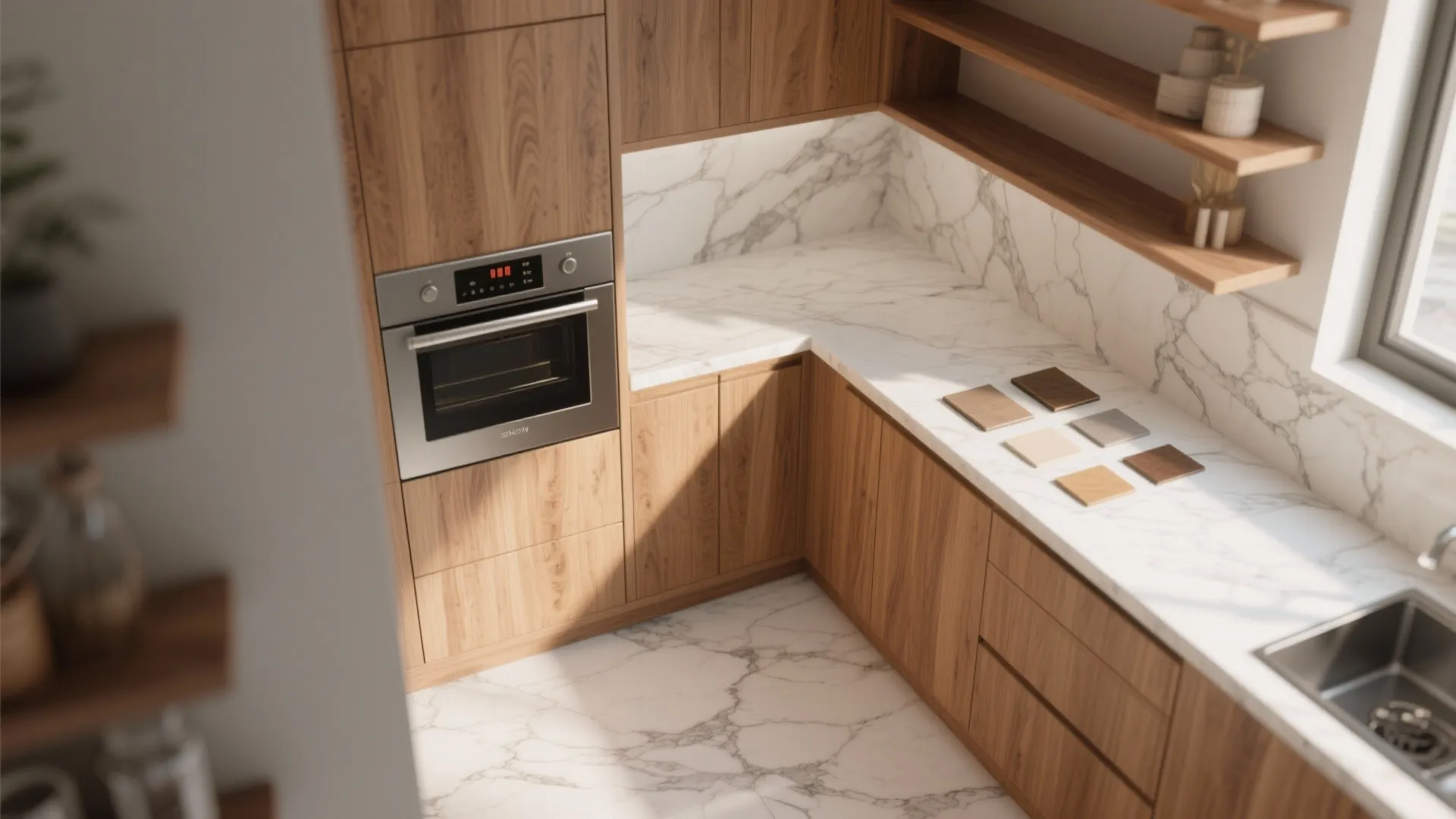 Modern kitchen with wood cabinets, white marble countertop, built-in oven, and small square color samples