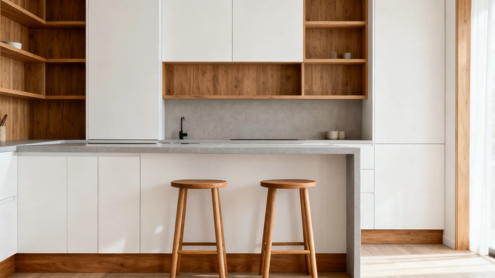 Minimalist white kitchen island with wooden bar stools and matching open wood shelves and cabinets