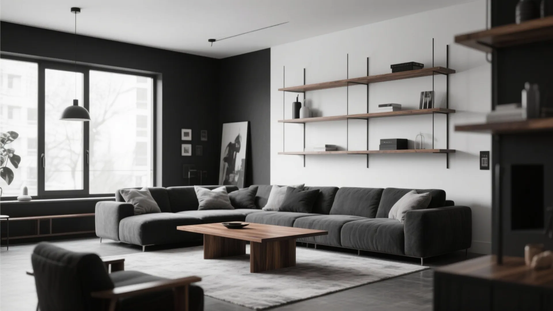 Living room with warm wood accents in a monochrome scheme