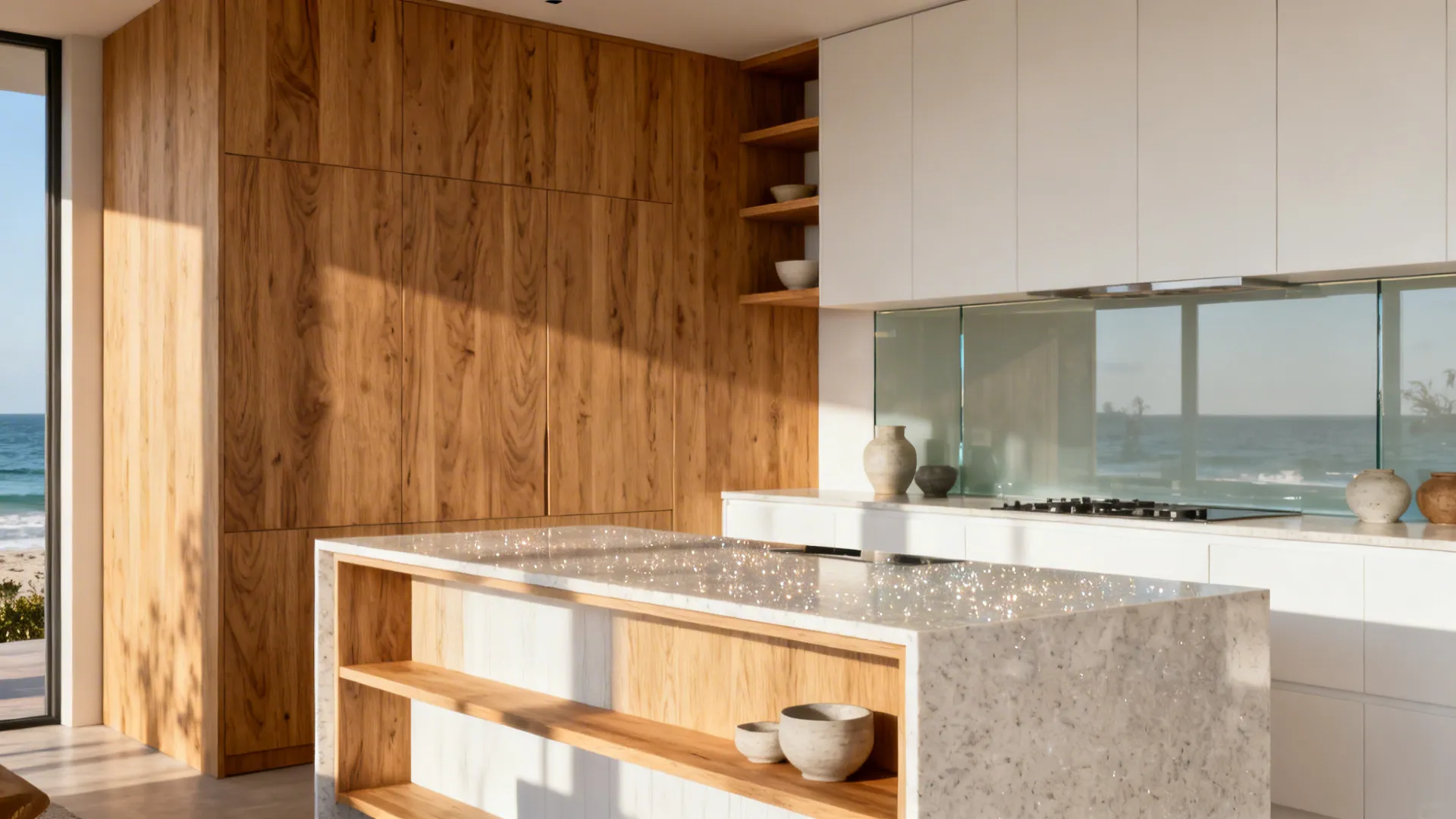 Modern kitchen with white oak shelves and island panel softening matte white cabinets and glass backsplash.