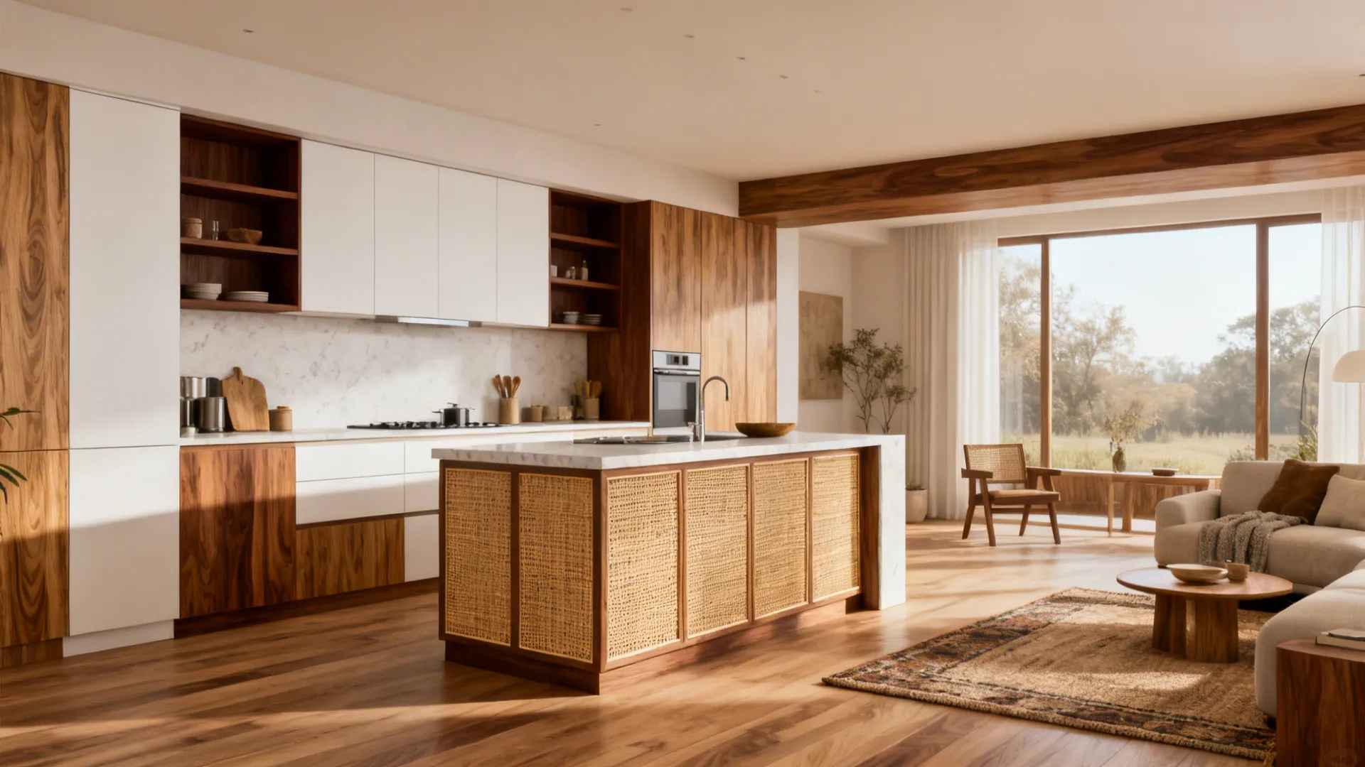 Open kitchen with white oak fronts, walnut shelves, and a rattan island adding warmth and cohesion.