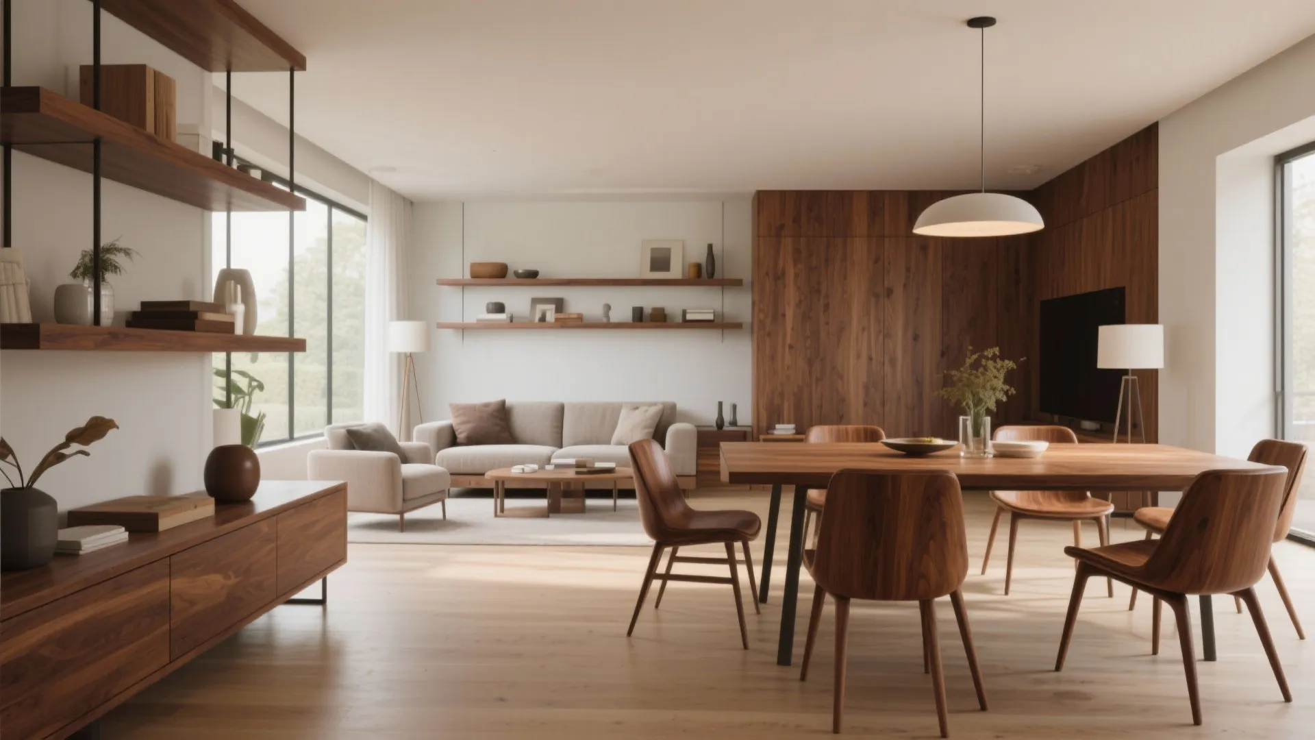 Interior design with wooden dining chairs matching wall paneling floating shelves and white ceiling light fixture