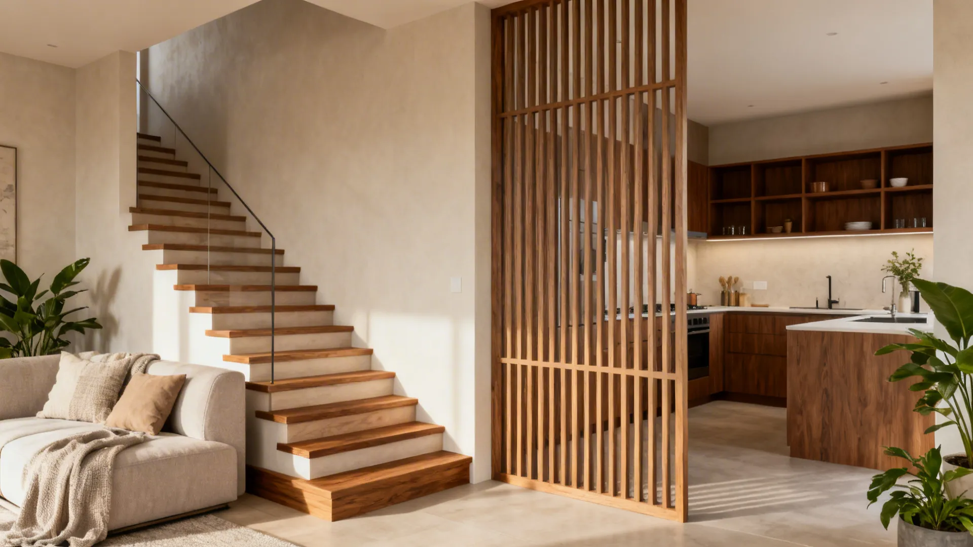 Open-plan living with oak stair treads, slatted screen, and walnut shelves adding warmth.