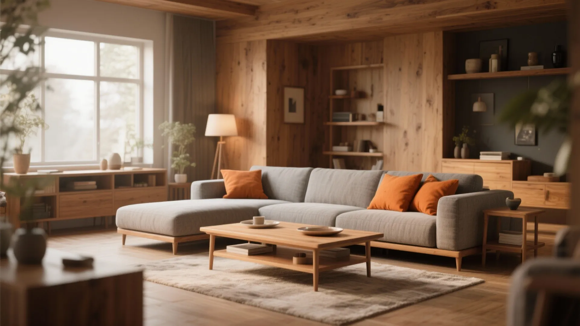 Wood Accents with Burnt Orange Soft Furnishings