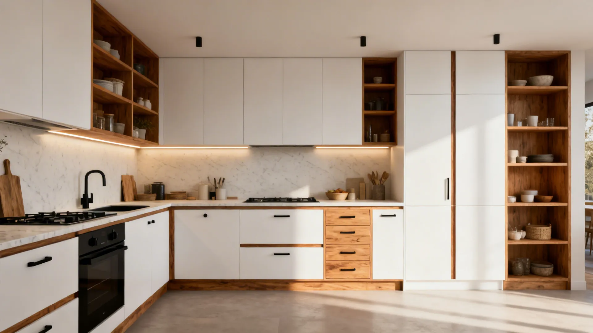U-shaped kitchen with a white pantry core and warm wood shelves creating a cozy Scandinavian look.