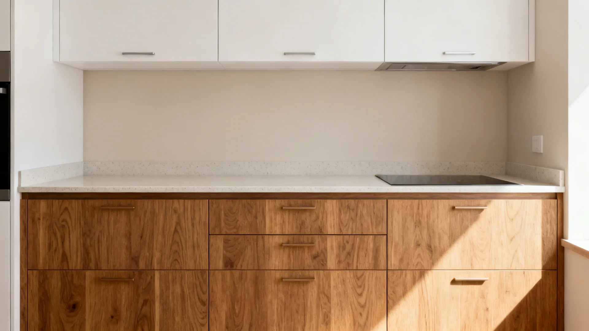 Minimalist kitchen featuring white upper cabinets and natural wood lower drawers with a white stone countertop