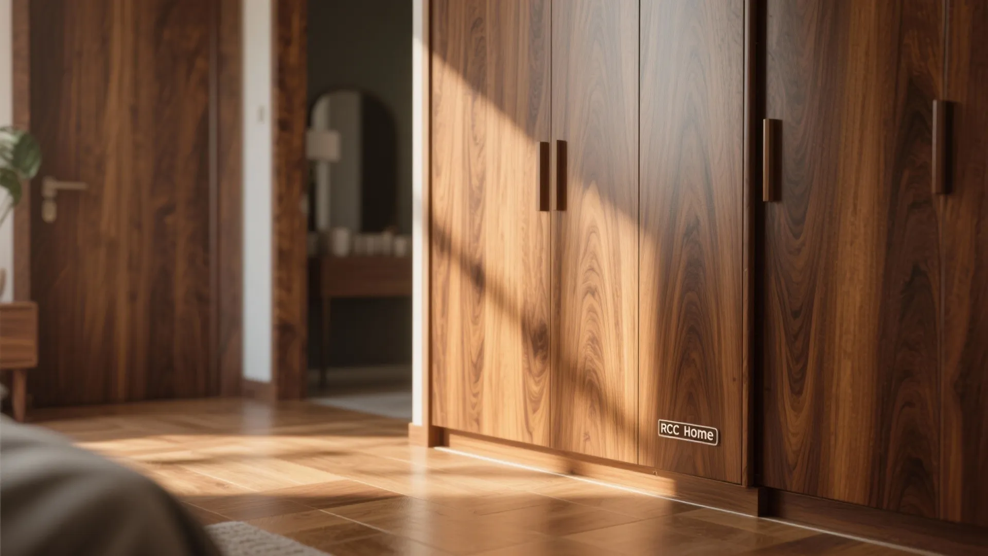 Modern bedroom with dark wood cabinet doors light wood floor and sunlight from the window