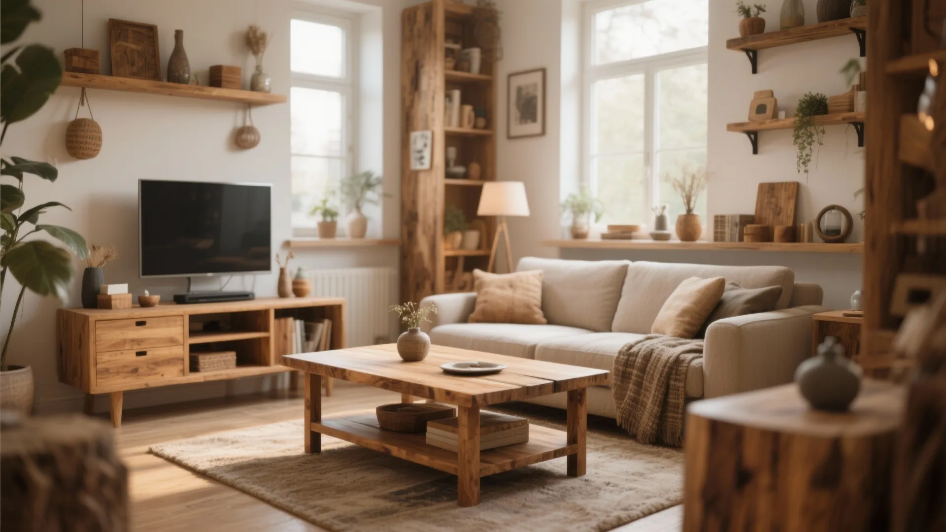 Cozy living room with wooden coffee table, beige sofa, television cabinet, bookshelves, and green plants