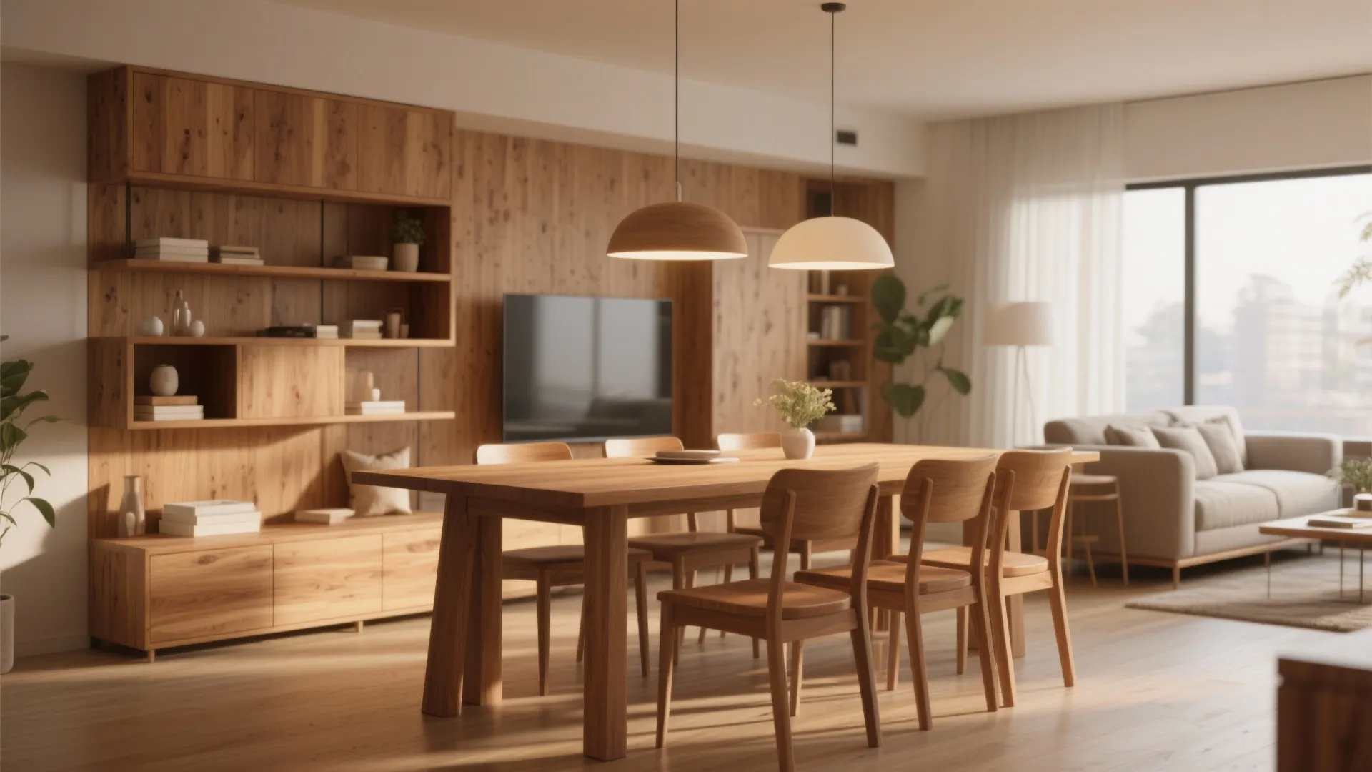 Large wooden dining table and chairs under round ceiling lights in a warm modern room