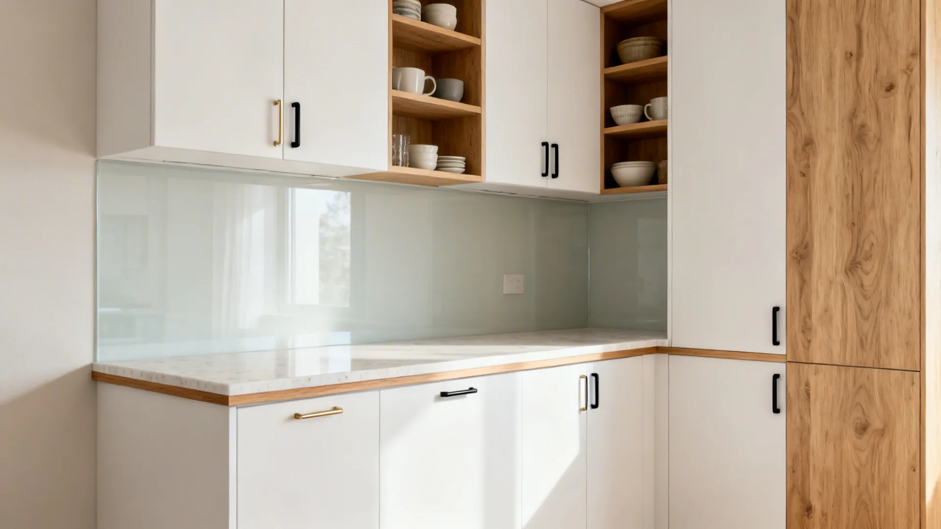 Small kitchen with matte white cabinets and white oak shelves and edge details for warmth.