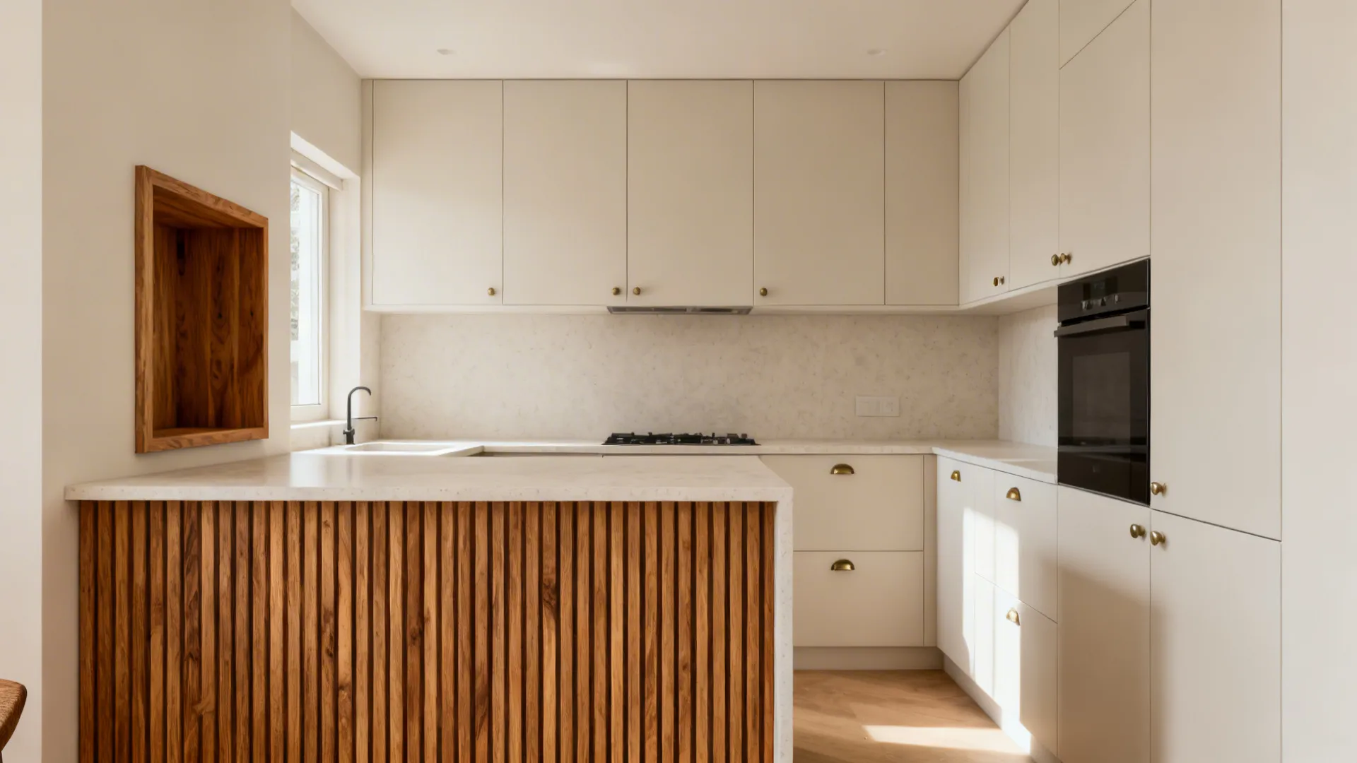 Modern white kitchen with wood accents featuring white cabinets stone countertops and a black oven
