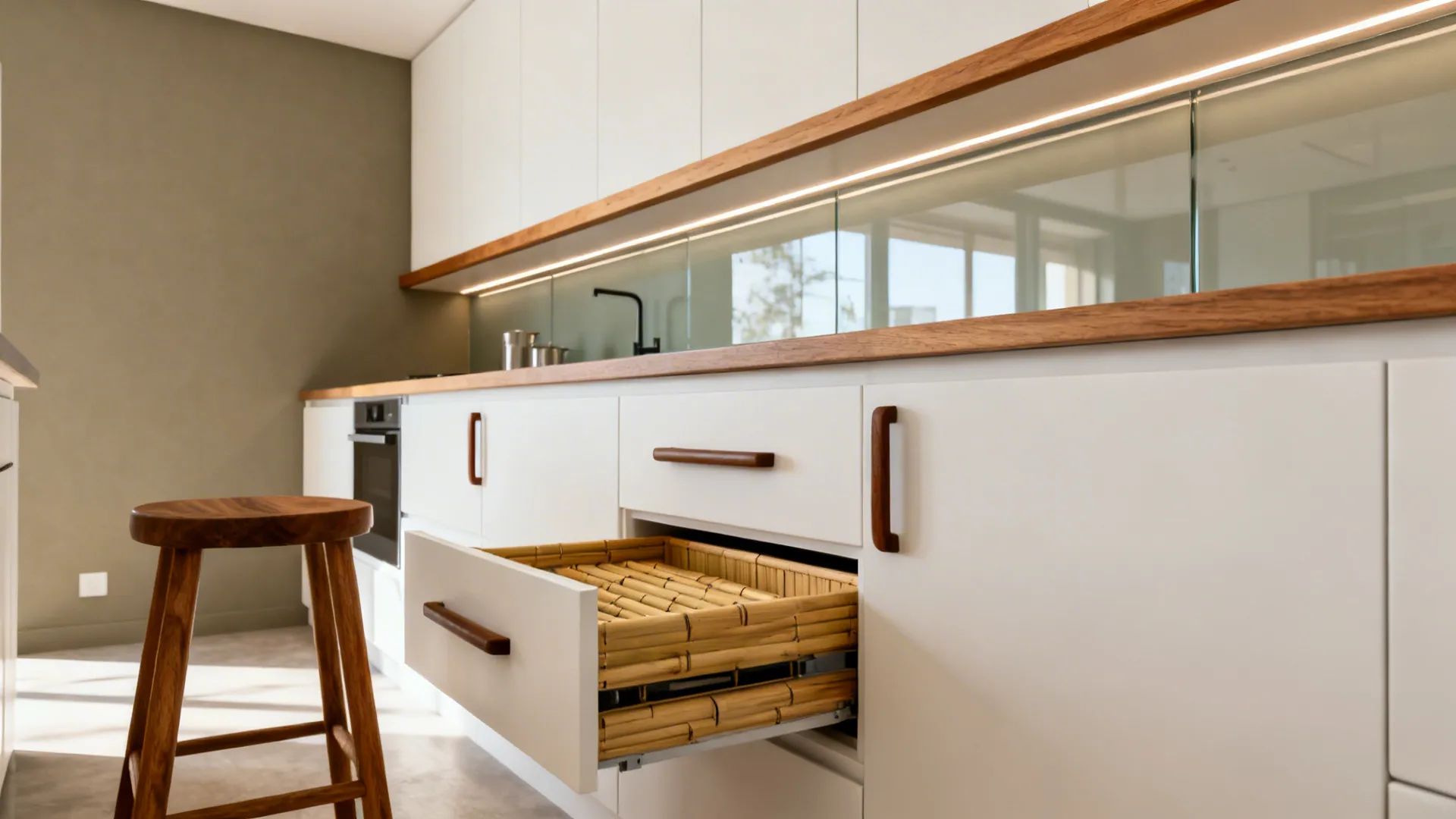 White cabinets with oak ledge and walnut handles add warmth to a compact kitchen.