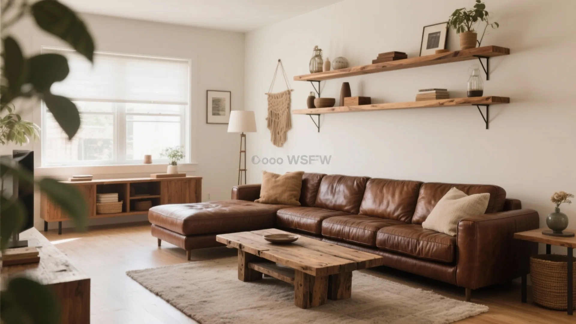 Leather sectional paired with wooden coffee table and shelves