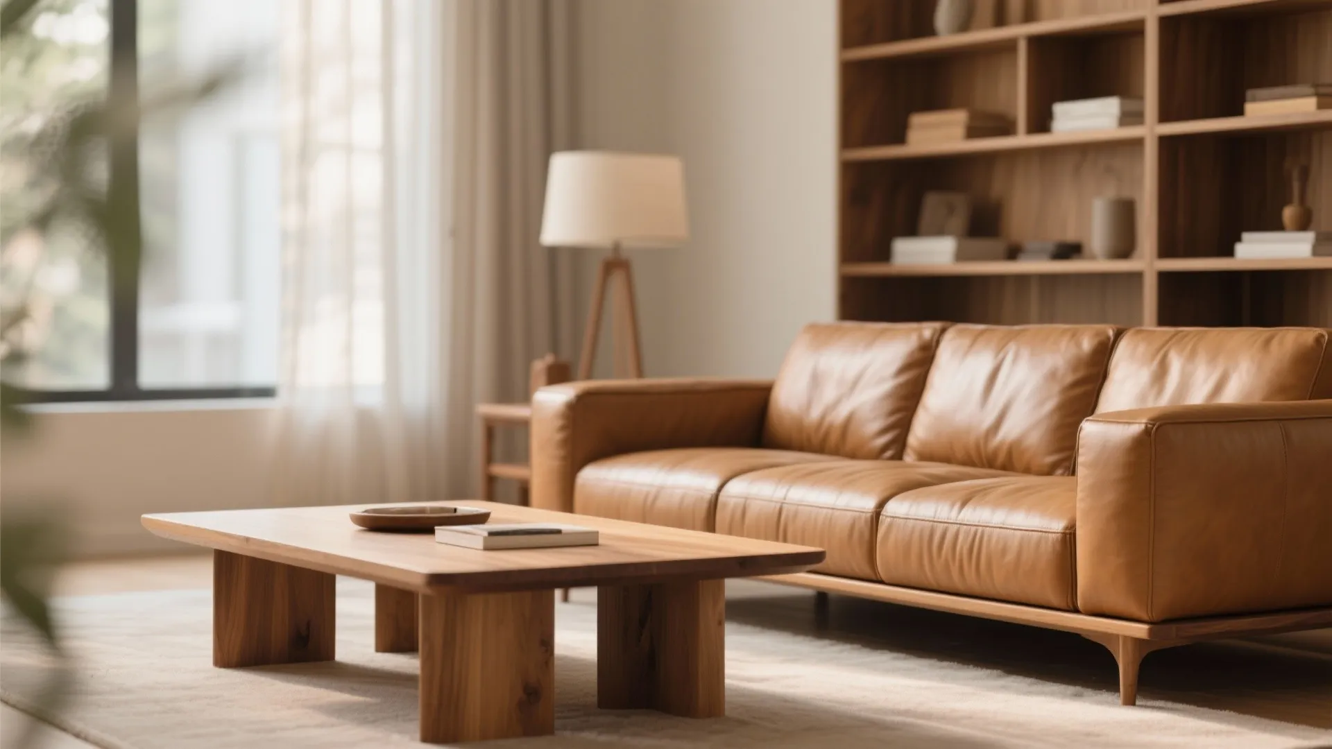 Wooden accents complement tan sofa’s warmth