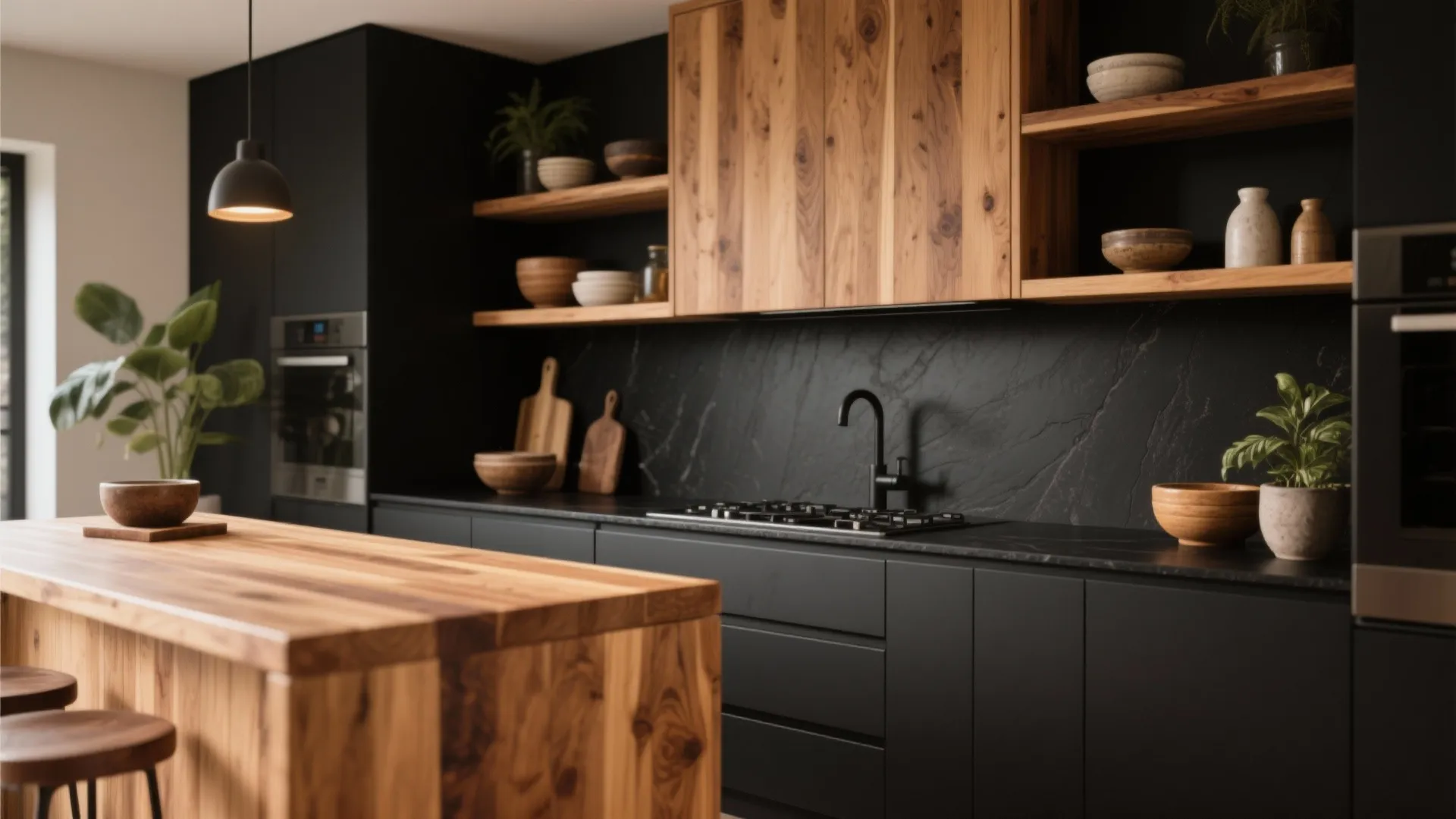 2. Use warm wood accents to soften the drama