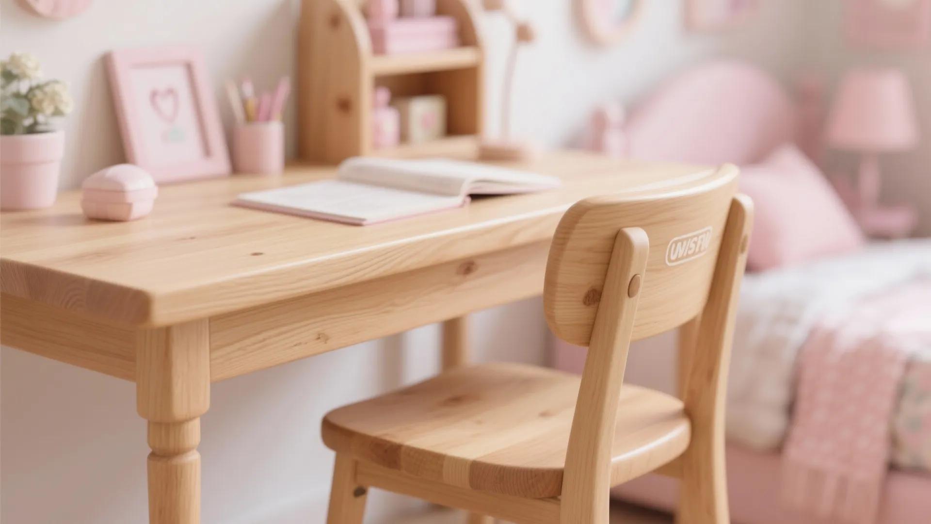 Wooden desk with open book and chair in a childs bedroom with soft pink decor
