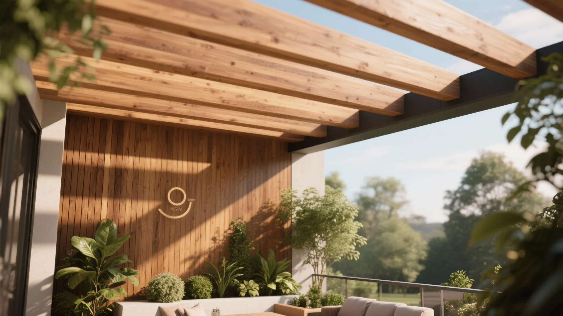 Balcony with wooden ceiling beams, a wooden wall panel, green potted plants, and outdoor furniture