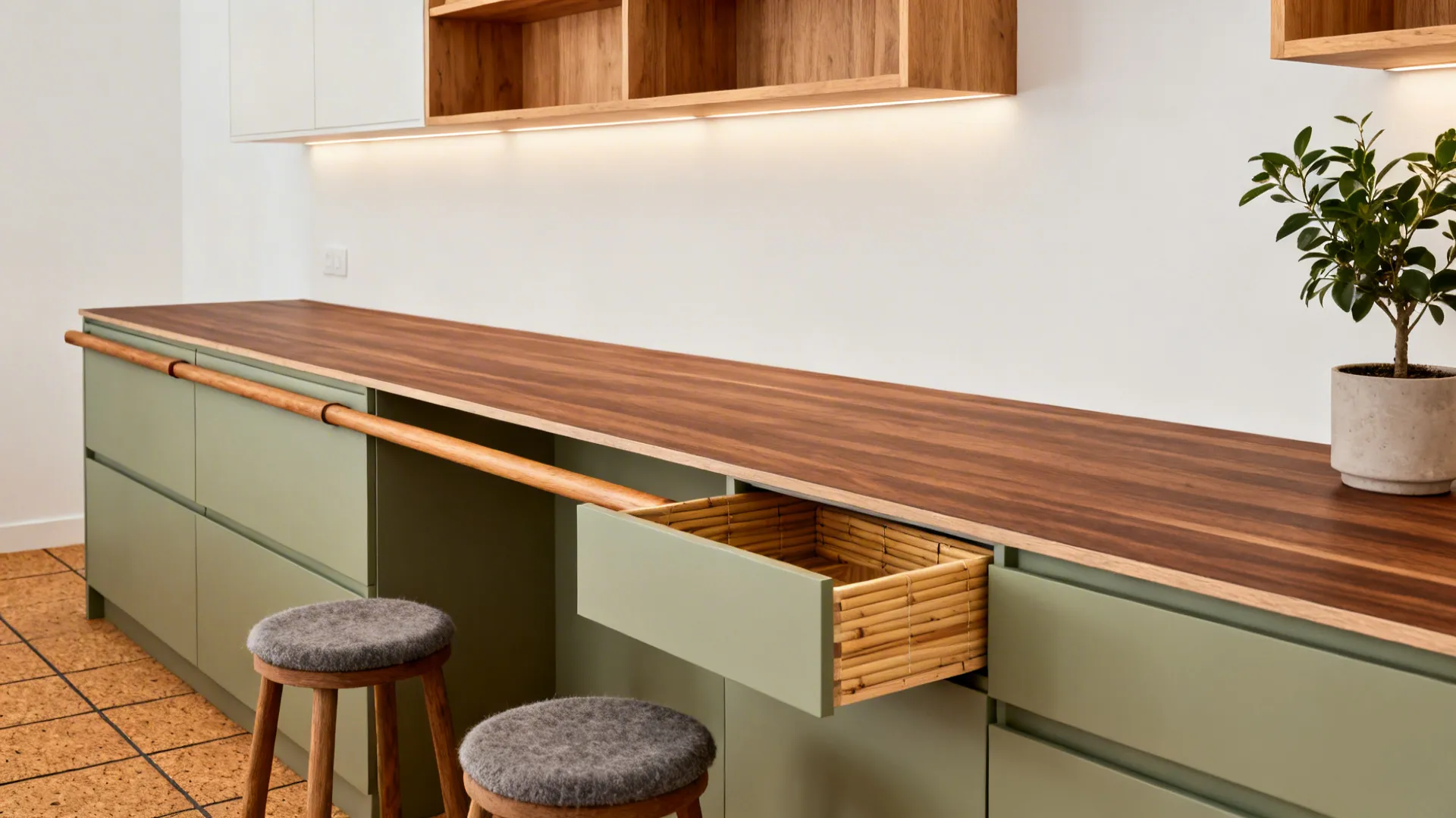 Compact UK kitchen with walnut-look worktop, oak rails, beech shelves, and cork flooring.