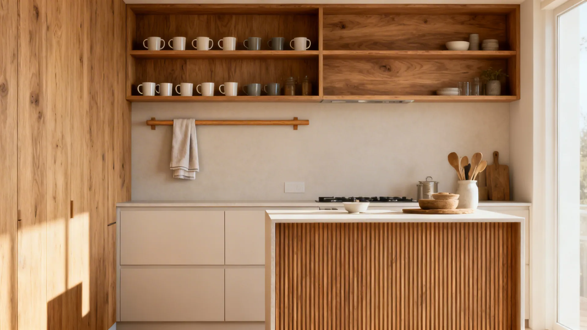 Small minimalist kitchen with oak shelves and rail balancing matte light cabinets