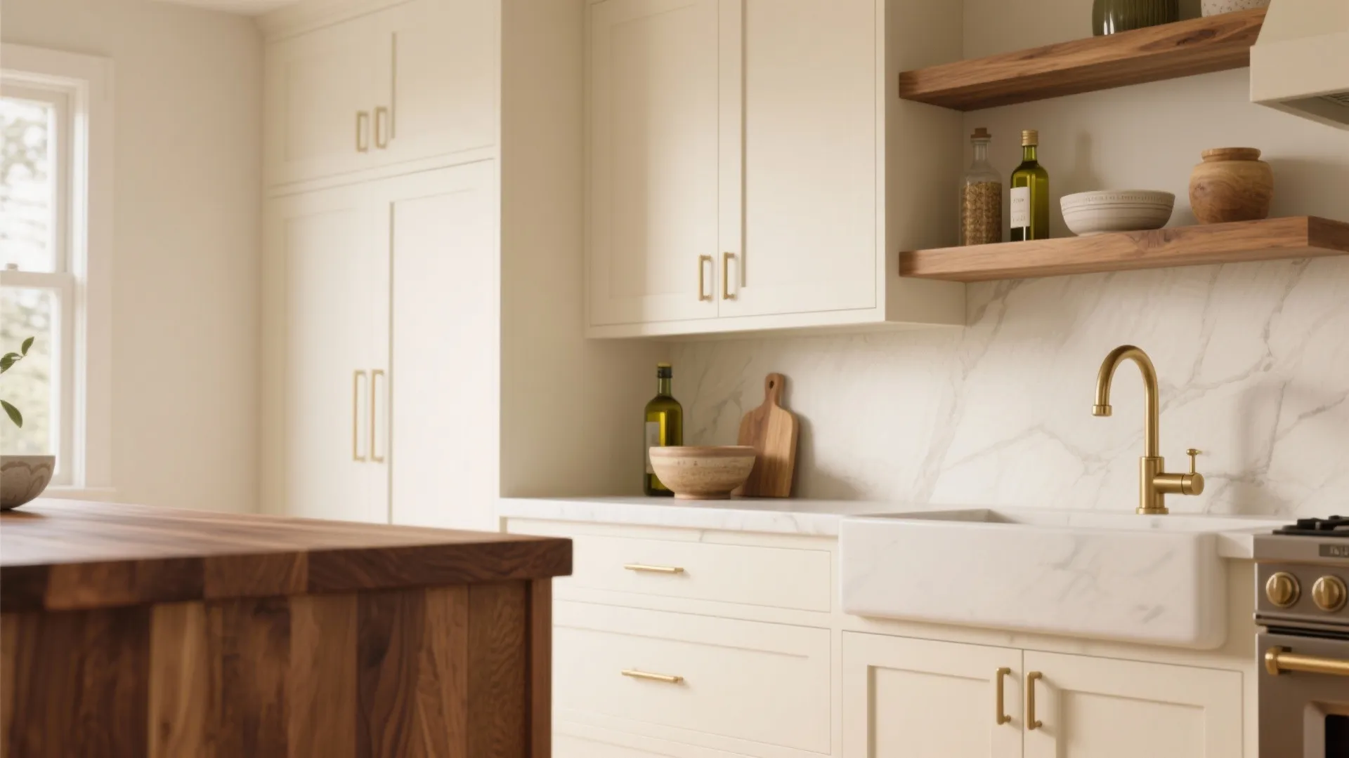 1. Pair Warm White Cabinets with Wood Accents