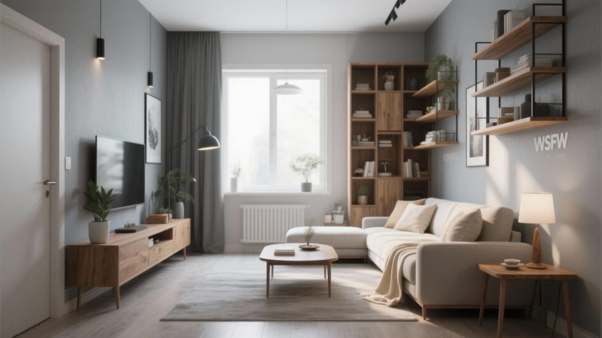 Modern living room with white sofa wooden coffee table wall shelves and large bright window